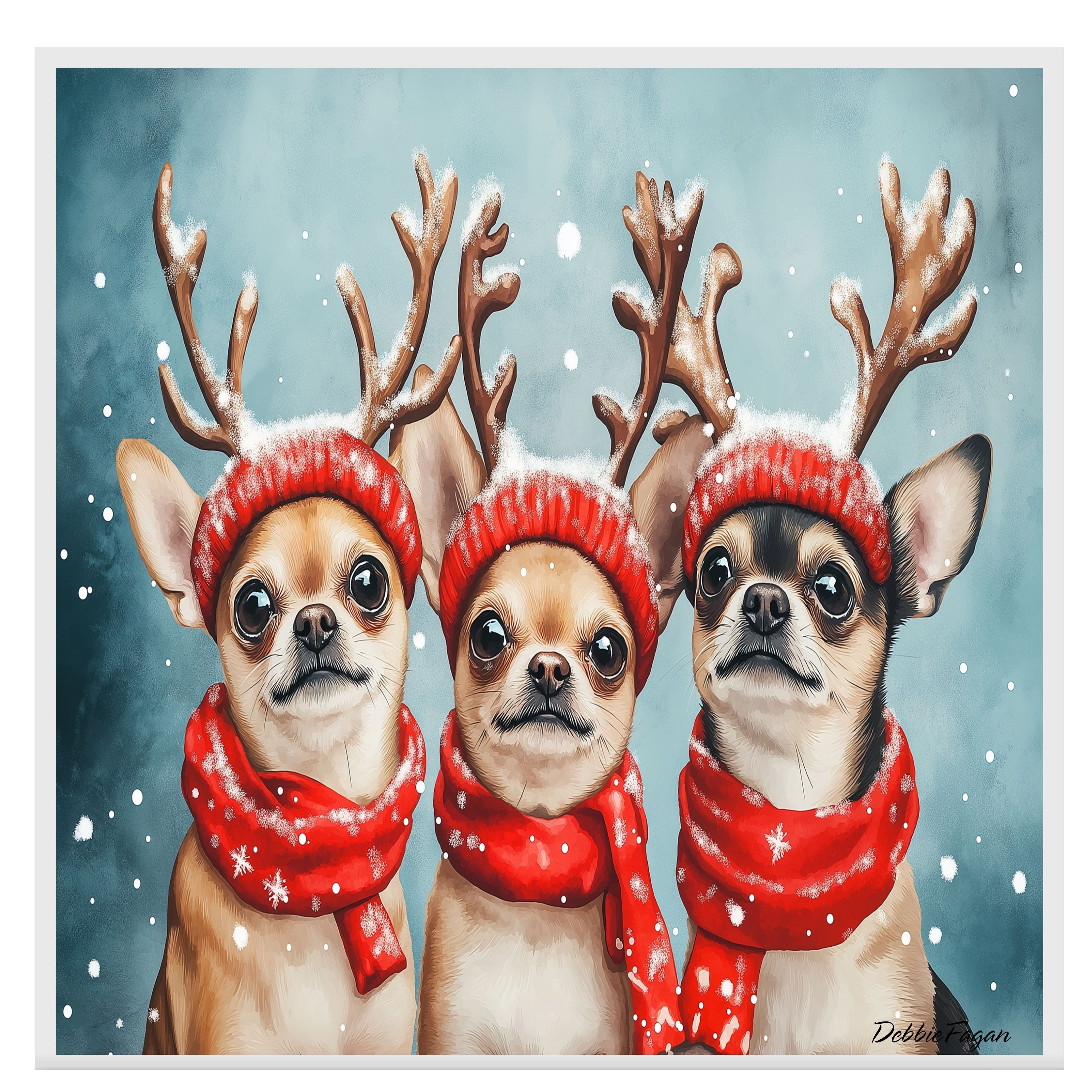 Dog Christmas Canvas  - "Chilly Chihuahuas" - Charming Chihuahua Dogs in Antlers Amidst Winter Snow on Ready to Hang 1.5" Thick Canvas Wrap, Floating Framed Canvas, Flat Rolled Canvas