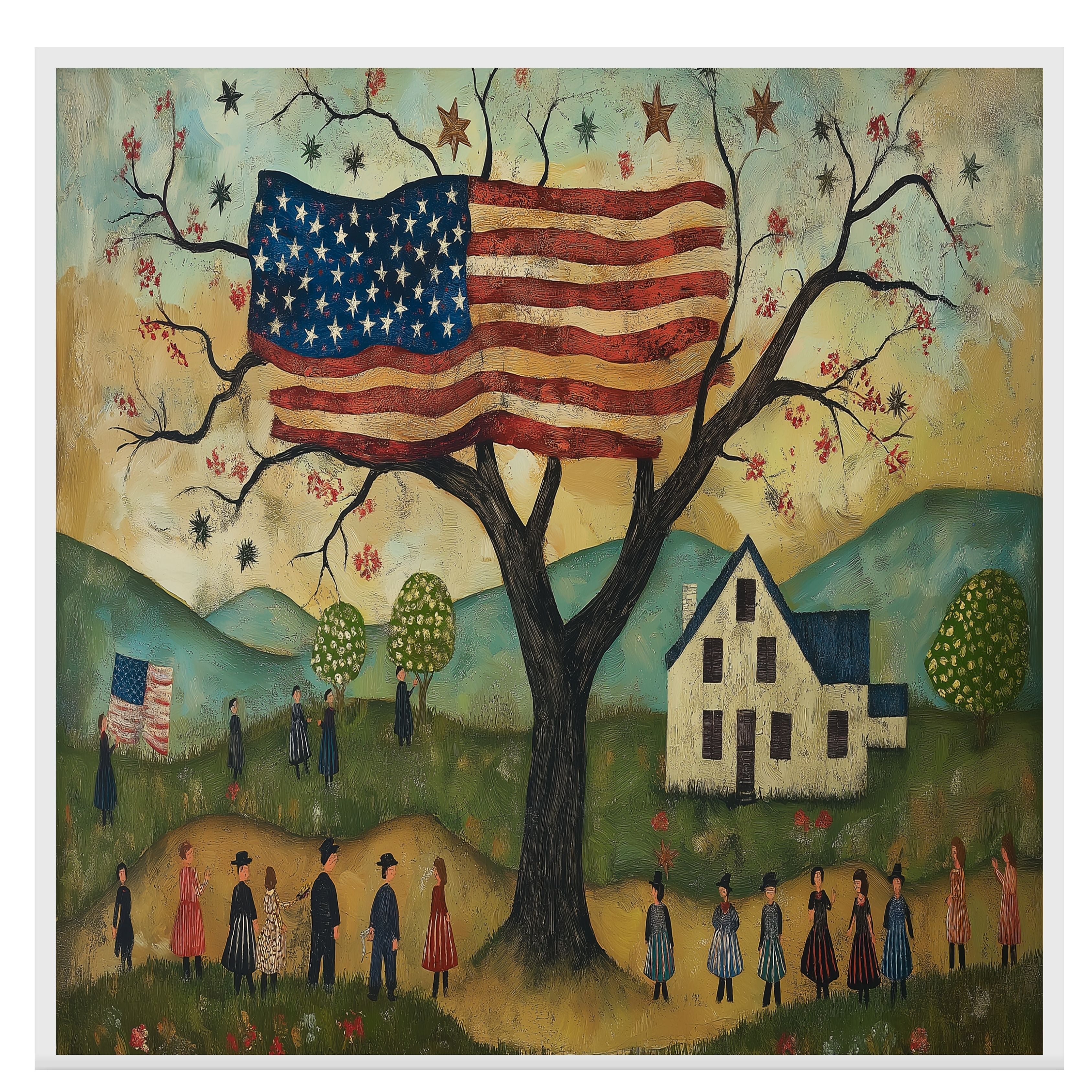 Charming Folk Art Scene of 4th of July Celebration with American Flag Tree, Village Parade, and Country Landscape in a Whimsical Patriotic Americana Style on Ready to Hang 1.5" Thick Canvas Wrap, Floating Framed Canvas, Flat Rolled Canvas
