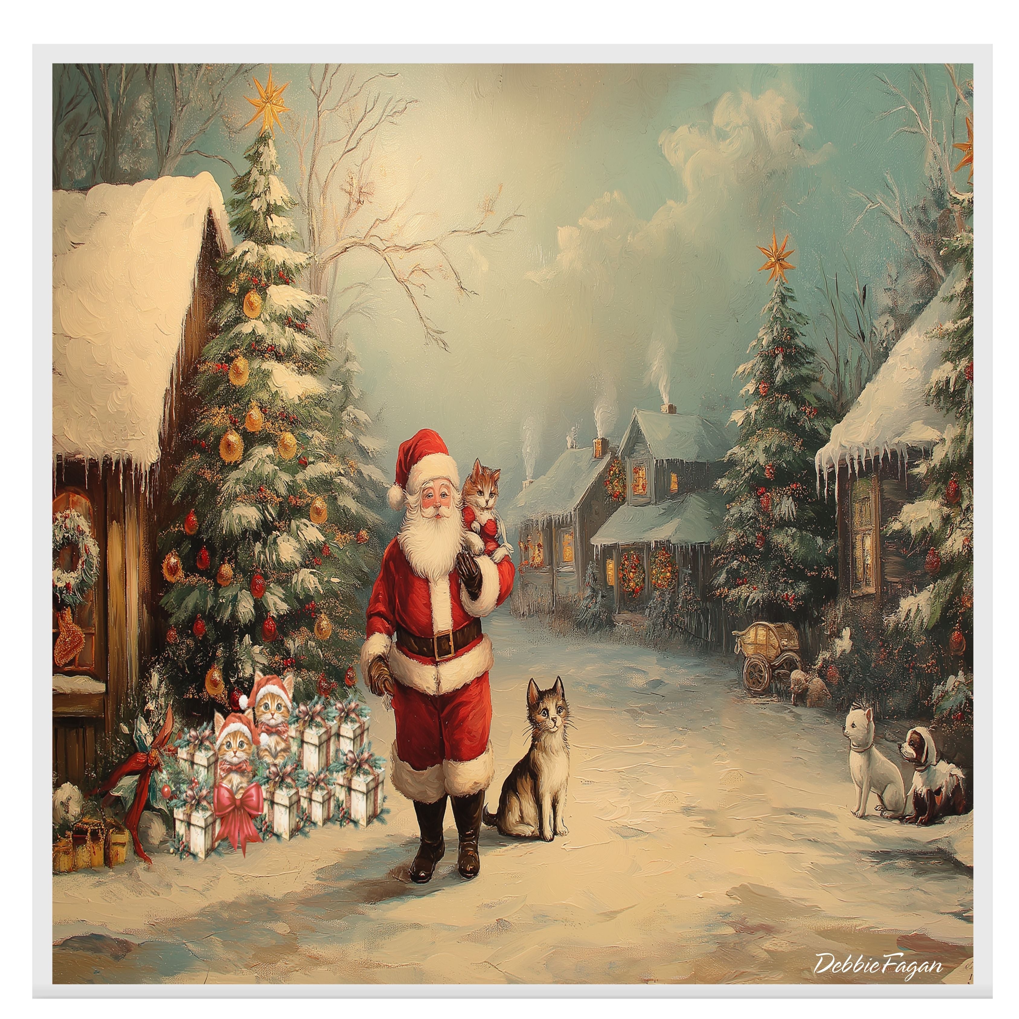 ÒPaws and Claws Christmas VillageÓ - Santa Surrounded by Furry Friends in a Festive Pet-Friendly Wonderland on Ready to Hang 1.5" Thick Canvas Wrap, Floating Framed Canvas, Flat Rolled Canvas