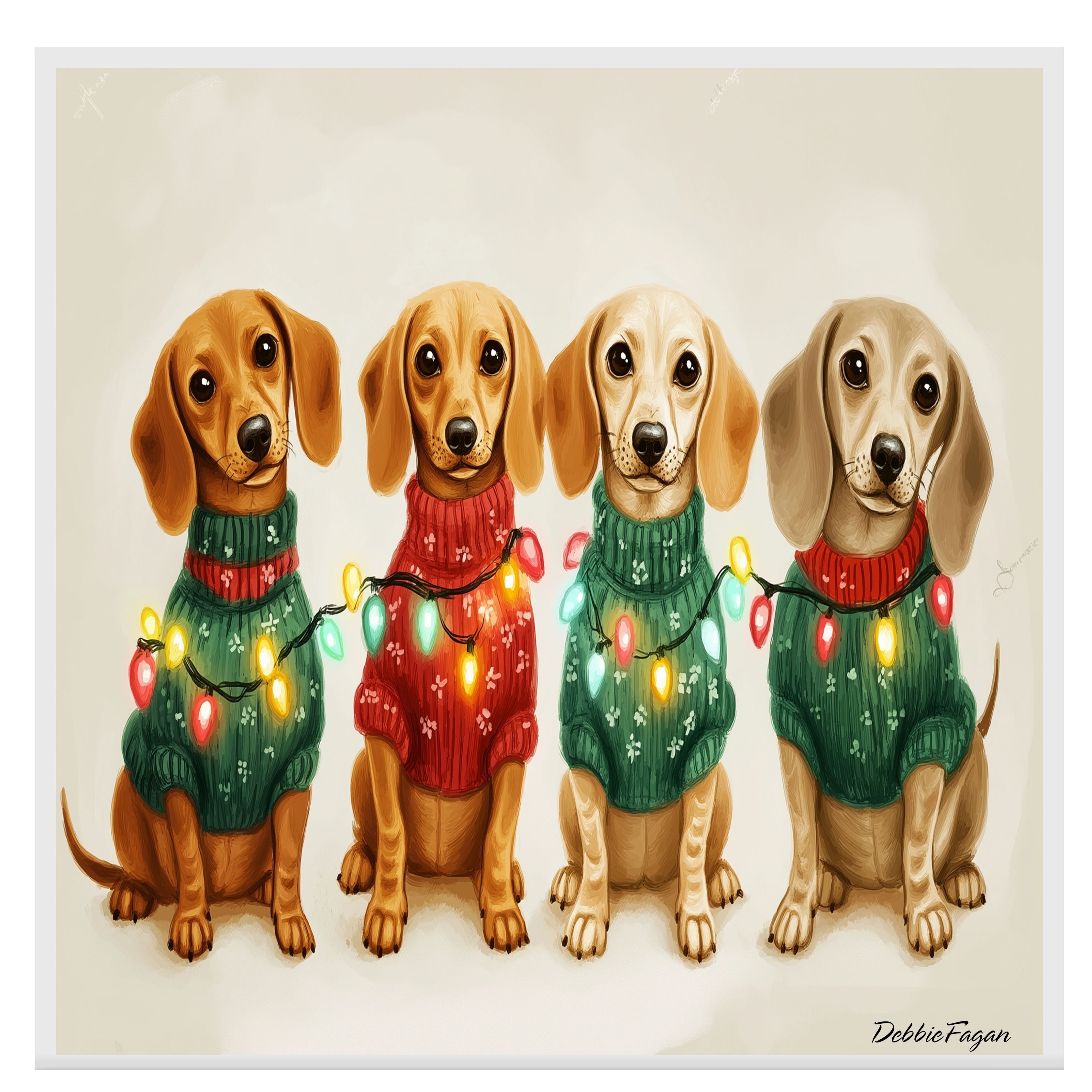 Christmas Canvas  - Dachshund Snuggles - Adorable Dogs in Cozy Sweaters Wrapped in Colorful Christmas Lights on Ready to Hang 1.5" Thick Canvas Wrap, Floating Framed Canvas, Flat Rolled Canvas