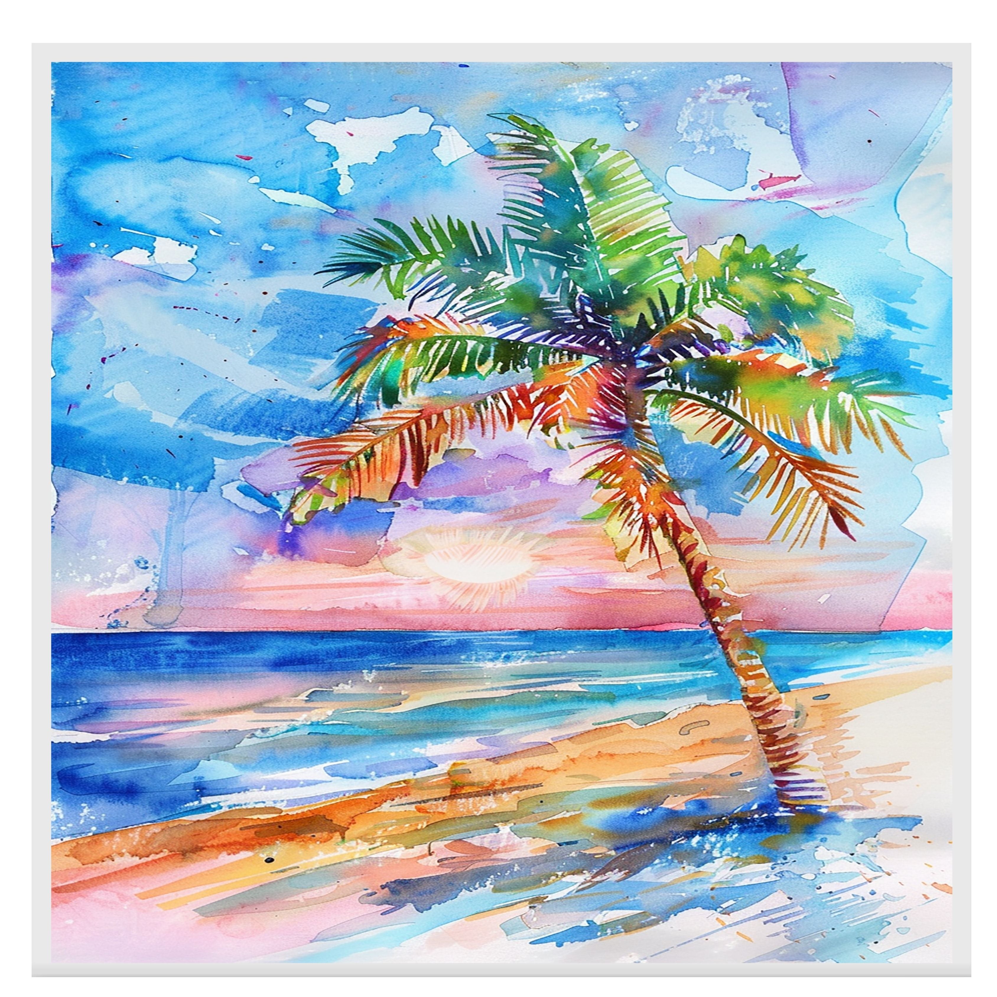 Colorful Palm Tree at Sunset by the Ocean Watercolor Painting Beach Scene on Ready to Hang 1.5" Thick Canvas Wrap, Floating Framed Canvas, Flat Rolled Canvas