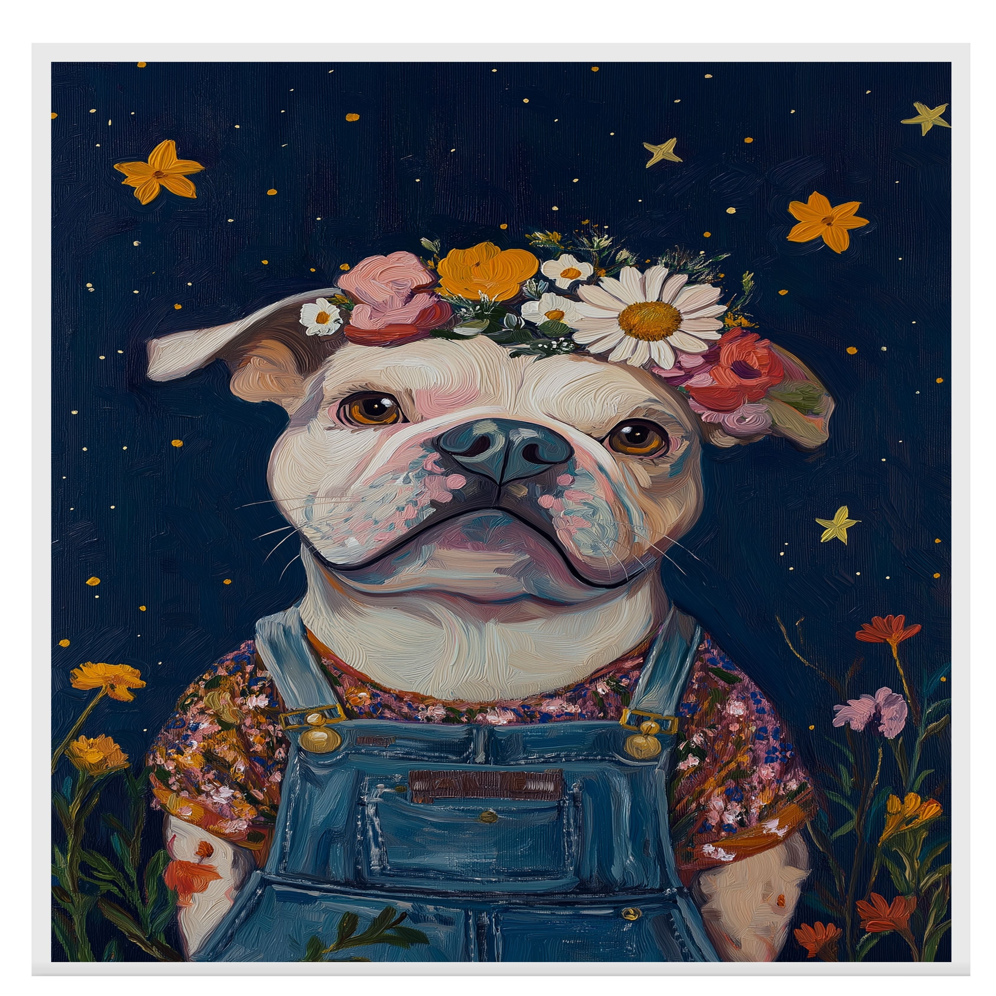 Cute Plump Dog in Overalls Painting Adorable Floral Crown Pup Artwork Perfect for Cozy Home Office Nursery Dog Lovers Wall Decor Gift for Pet and Art Enthusiasts on Ready to Hang 1.5" Thick Canvas Wrap, Floating Framed Canvas, Flat Rolled Canvas