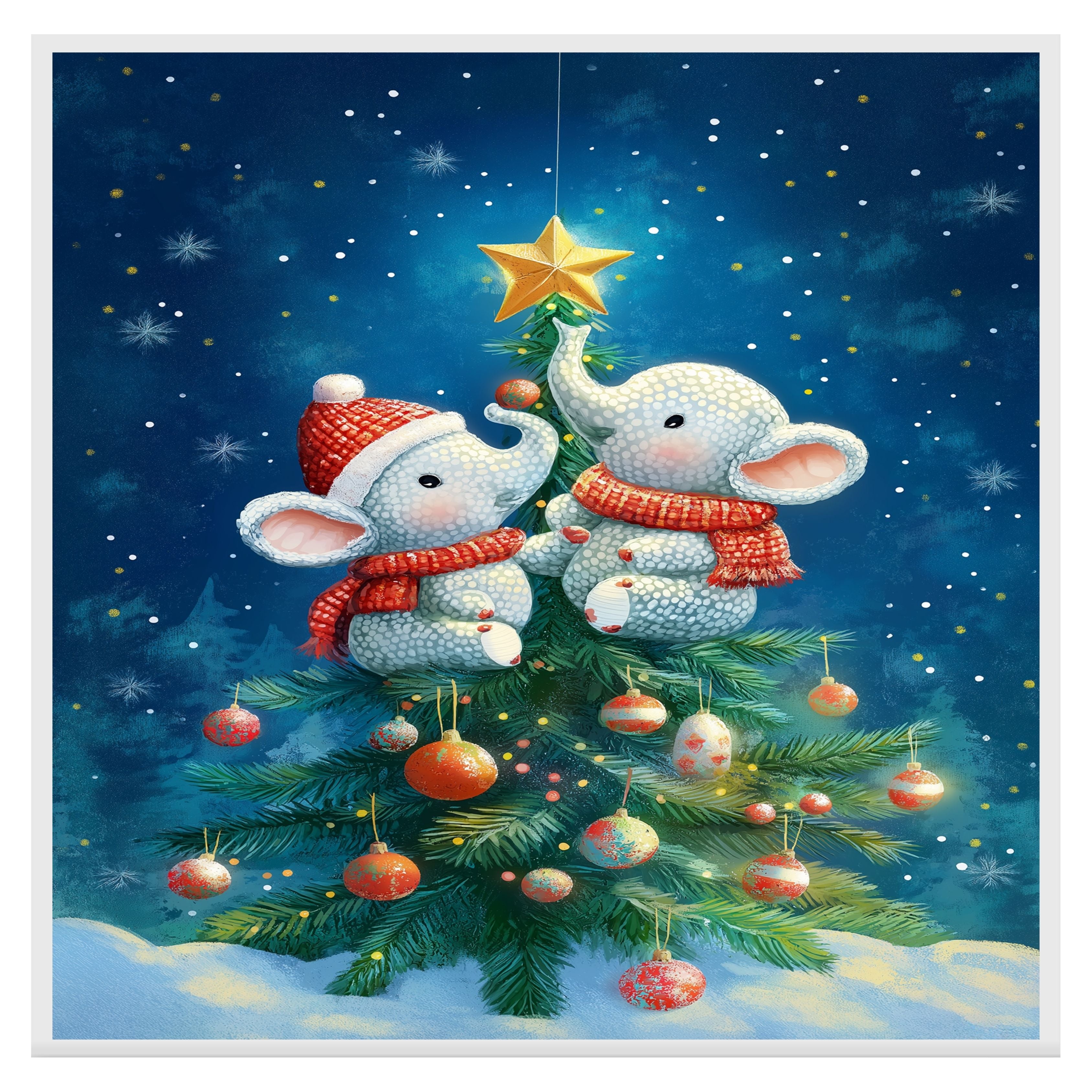 Baby Elephants Decorating Christmas Tree with Star and Ornaments in Winter Wonderland Scene Holiday Art Print for Nursery or Festive Seasonal Decor on Ready to Hang 1.5" Thick Canvas Wrap, Floating Framed Canvas, Flat Rolled Canvas