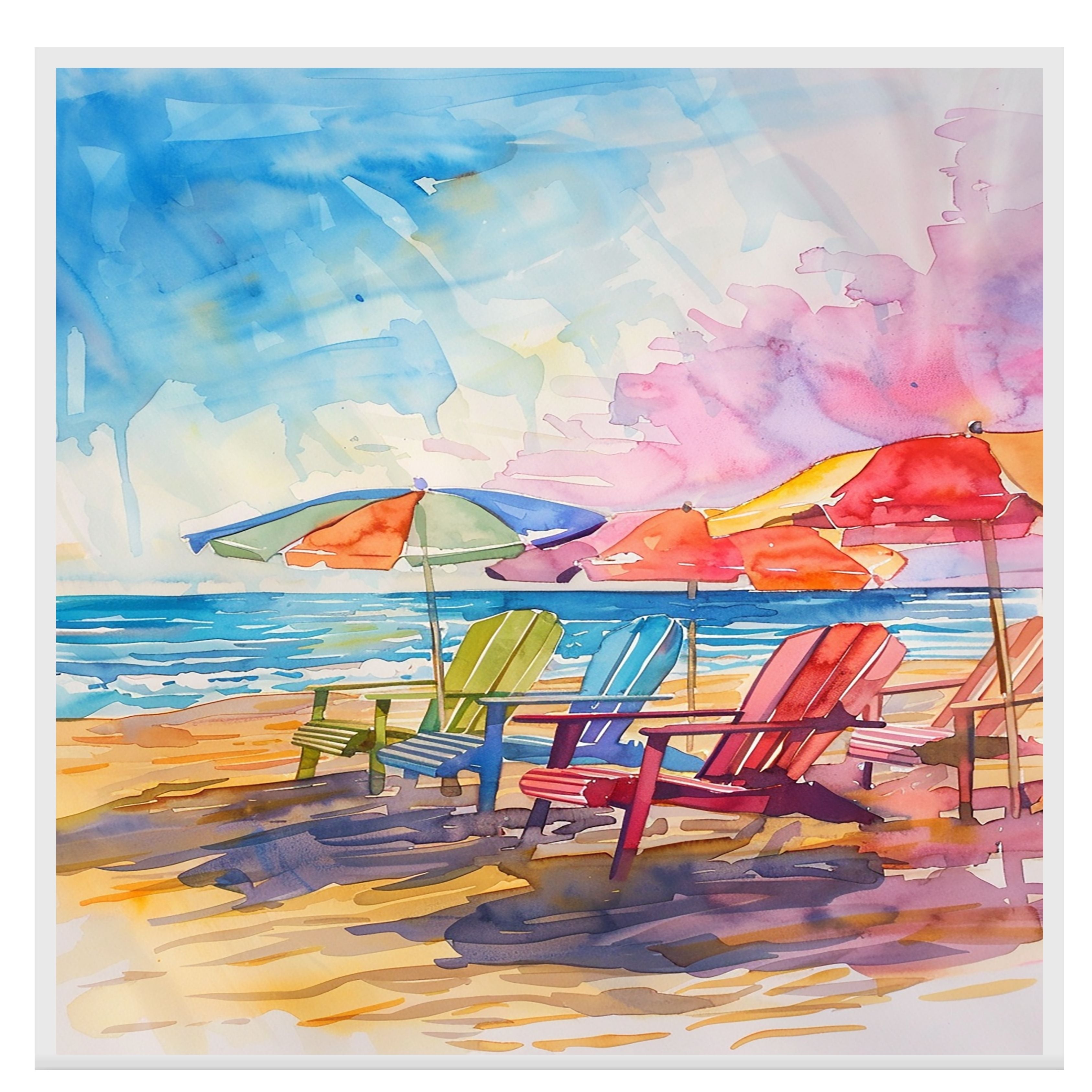 Colorful Watercolor Beach Chairs & Umbrellas Painting – Coastal Ocean Scene on Ready to Hang 1.5" Thick Canvas Wrap, Floating Framed Canvas, Flat Rolled Canvas