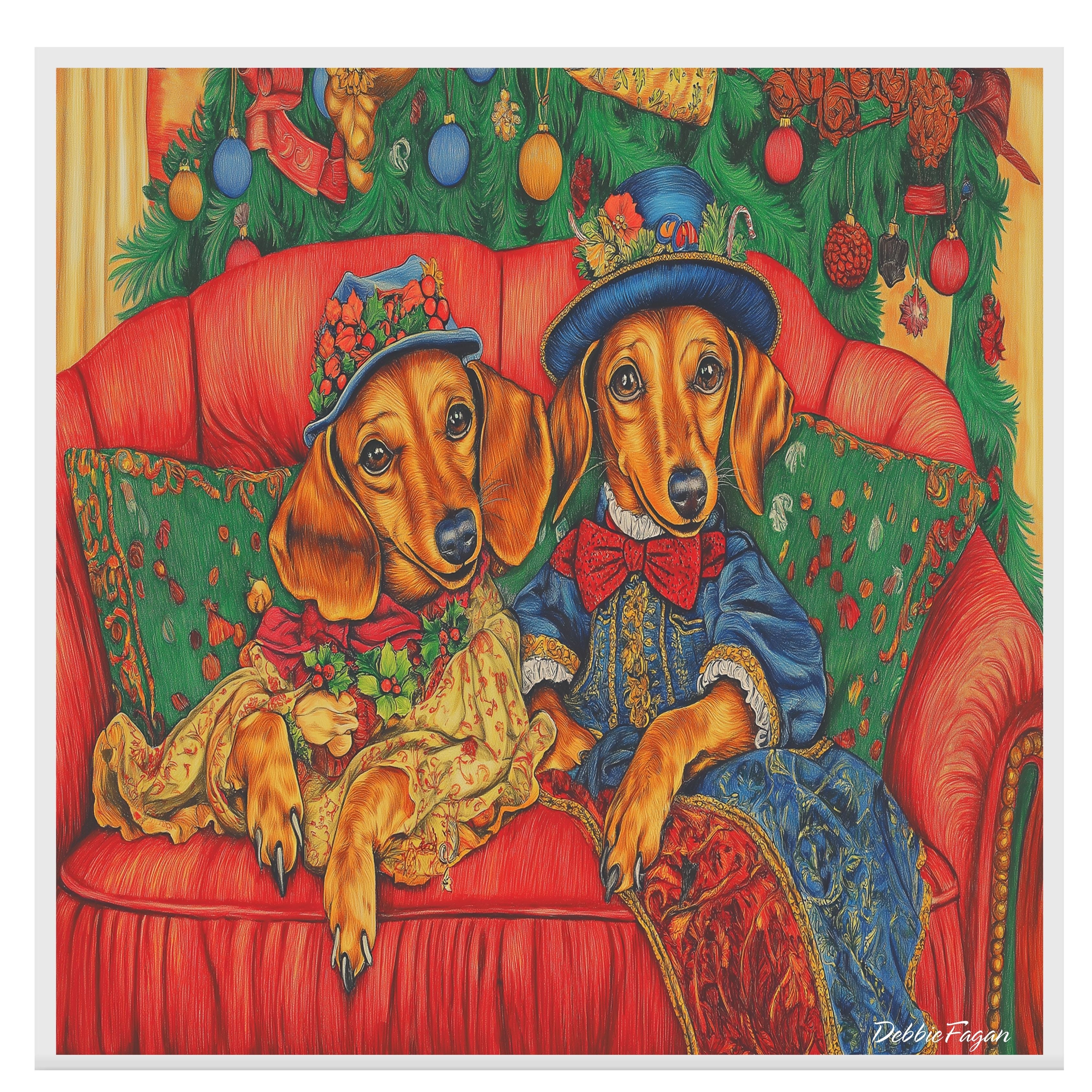 Wiener Christmas Canvas  - "Dachshund Serenity" - Elegant Doxie Dogs Lounging on a Vintage Red Ornate Sofa on Ready to Hang 1.5" Thick Canvas Wrap, Floating Framed Canvas, Flat Rolled Canvas