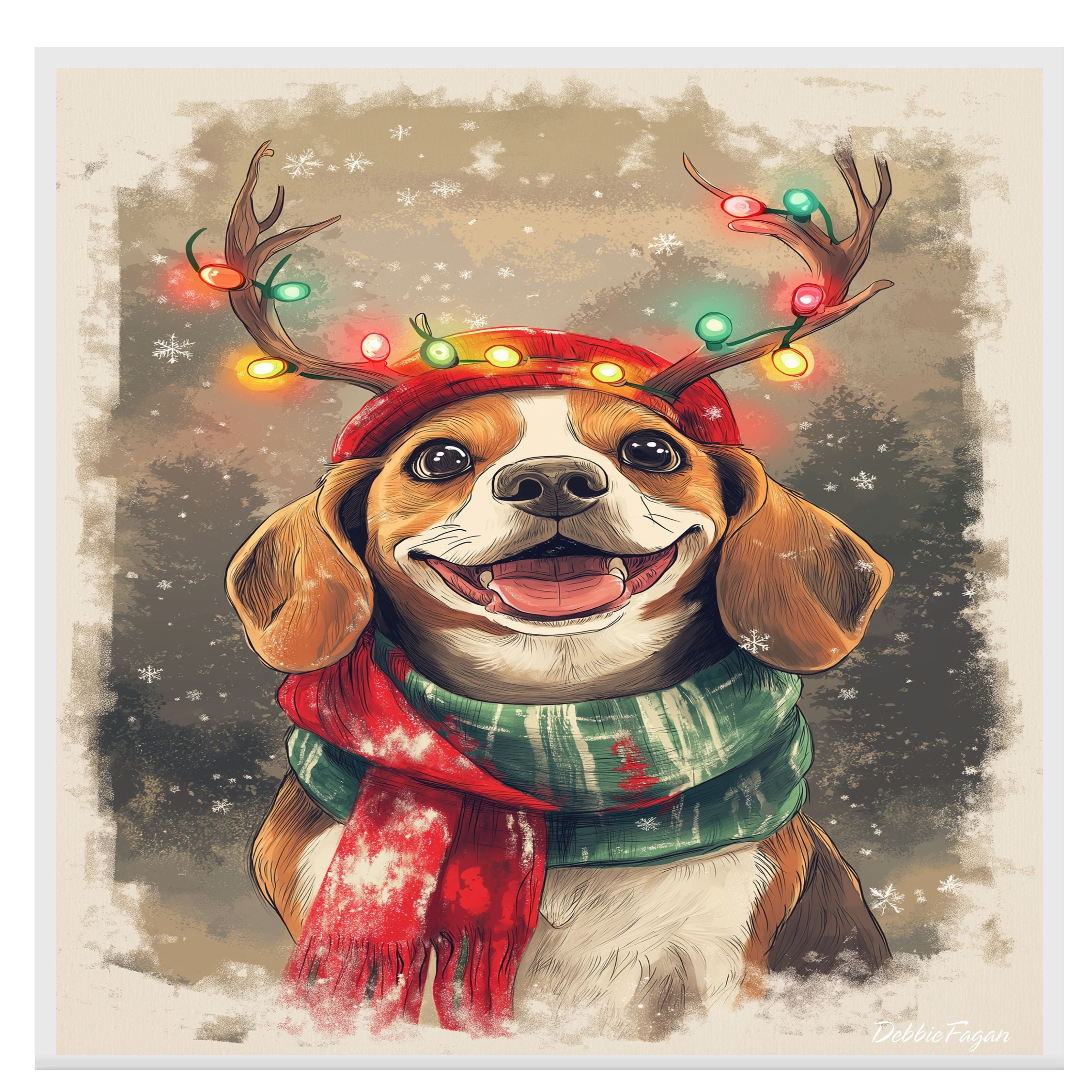 Beagle Winter Wonderland - 'Forest Festivities' - Beagle Dog with Christmas Lights & Scarf in Snowy Forest, Ready to Hang 1.5" Thick Canvas Wrap, Floating Framed Canvas, Flat Rolled Canvas