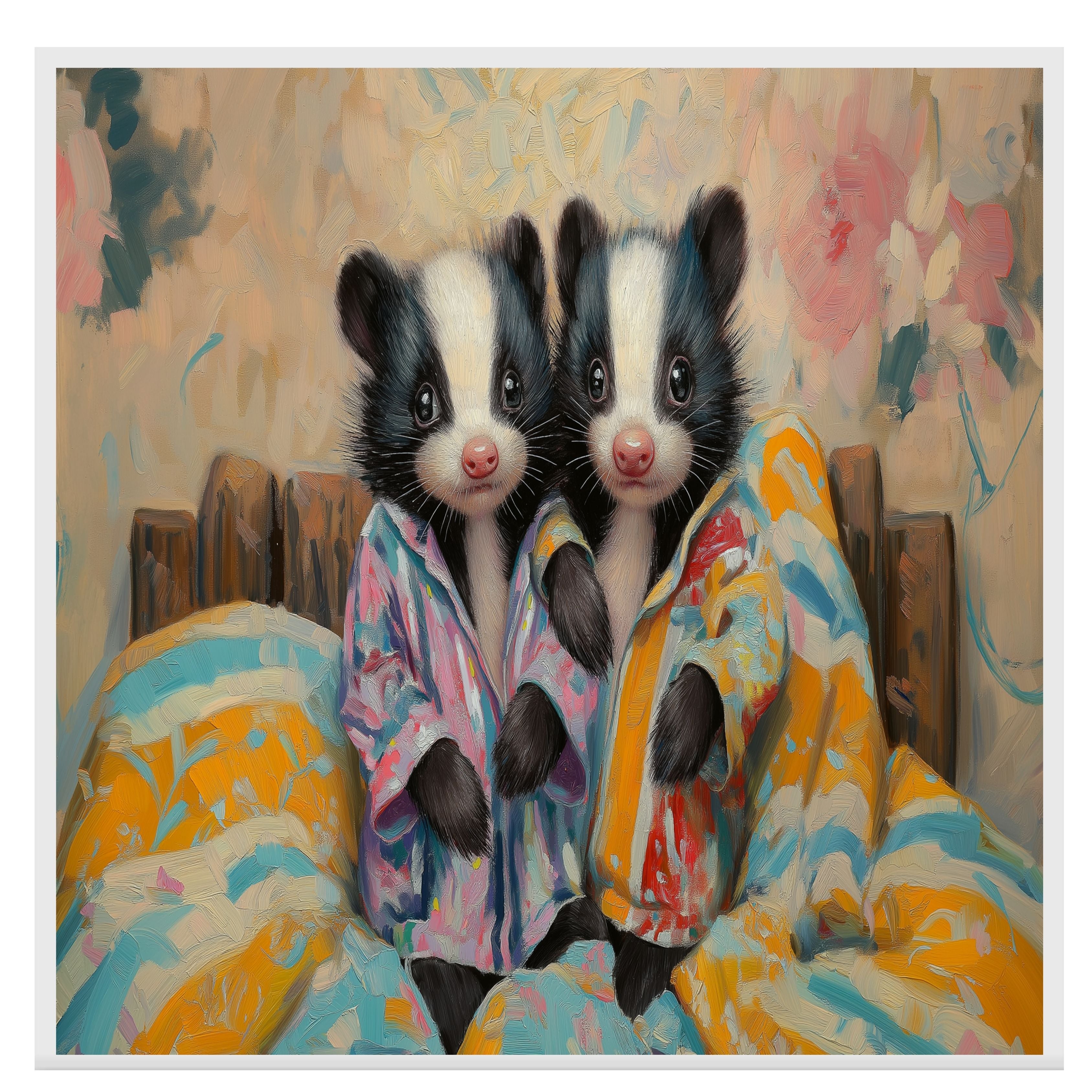 Charming Painting of Two Baby Skunks in Pajamas Sitting on a Colorful Bed with Warm Expressions and Floral Background in a Cozy Whimsical Setting on Ready to Hang 1.5" Thick Canvas Wrap, Floating Framed Canvas, Flat Rolled Canvas