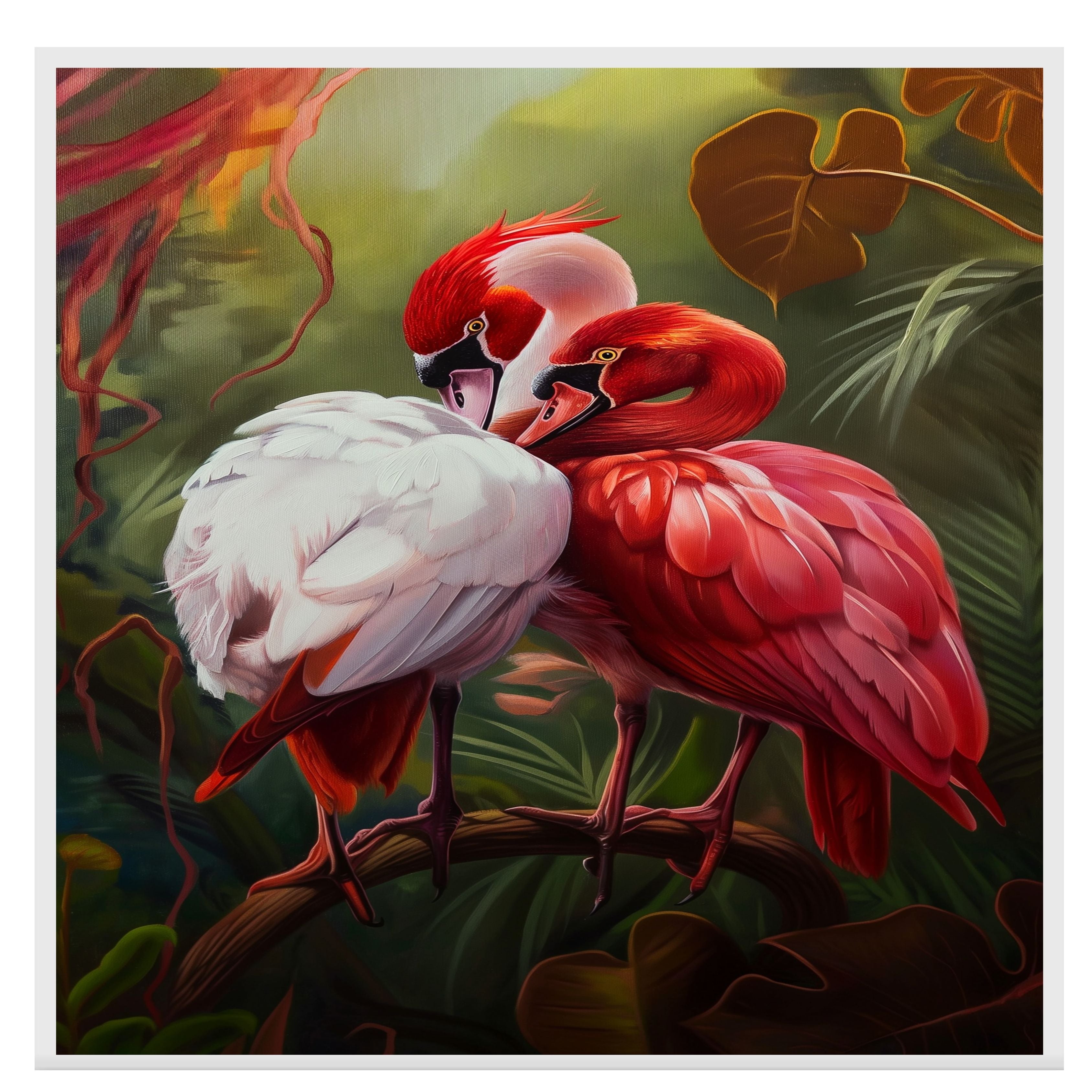 Elegant Flamingo Pair in Lush Jungle Setting with Red and White Plumage and Tropical Foliage Creating a Romantic and Exotic Wildlife Scene on Ready to Hang 1.5" Thick Canvas Wrap, Floating Framed Canvas, Flat Rolled Canvas
