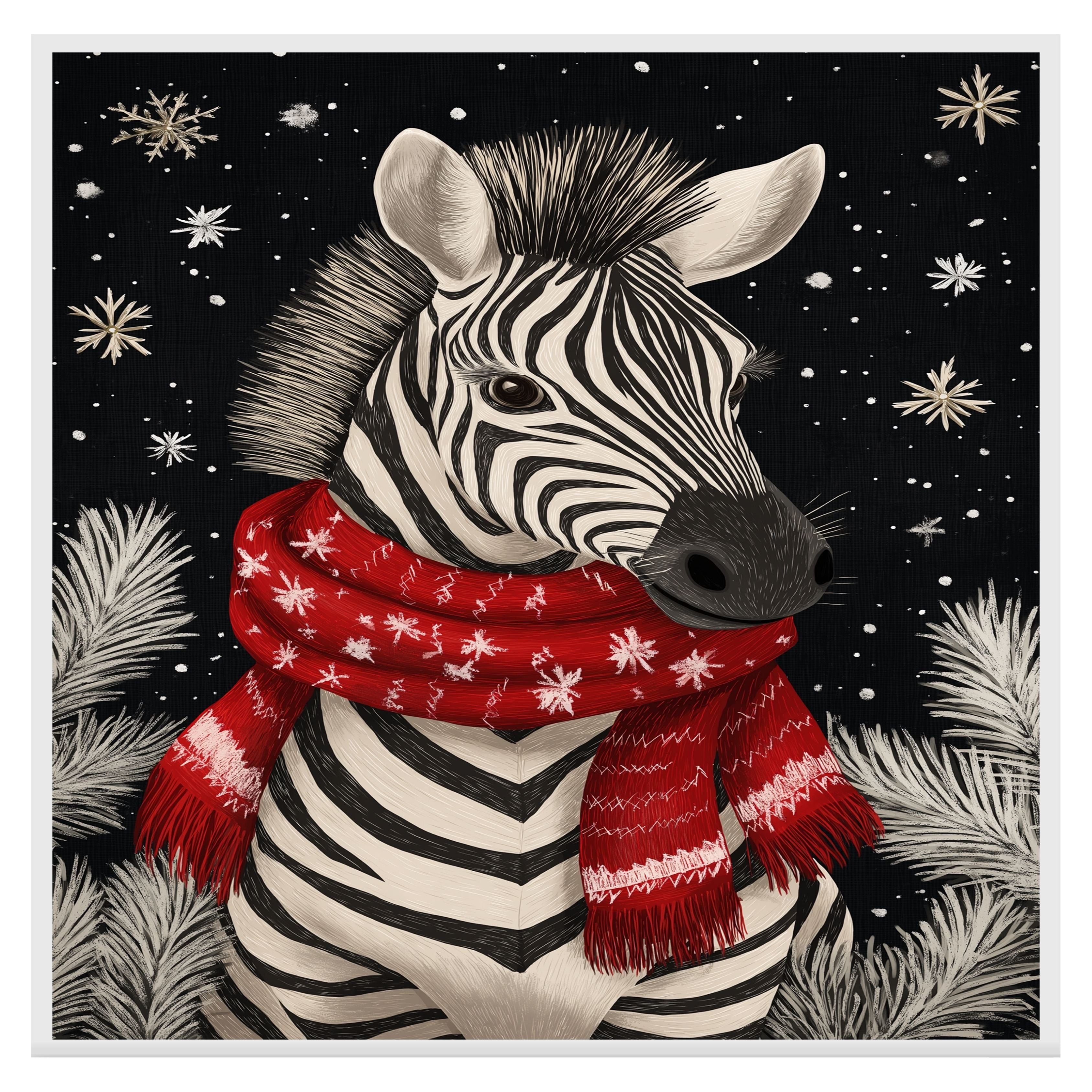 "Snowy Stripes Zebra" - Zebra in Red Scarf Standing in Winter Snow on Ready to Hang 1.5" Thick Canvas Wrap, Floating Framed Canvas, Flat Rolled Canvas