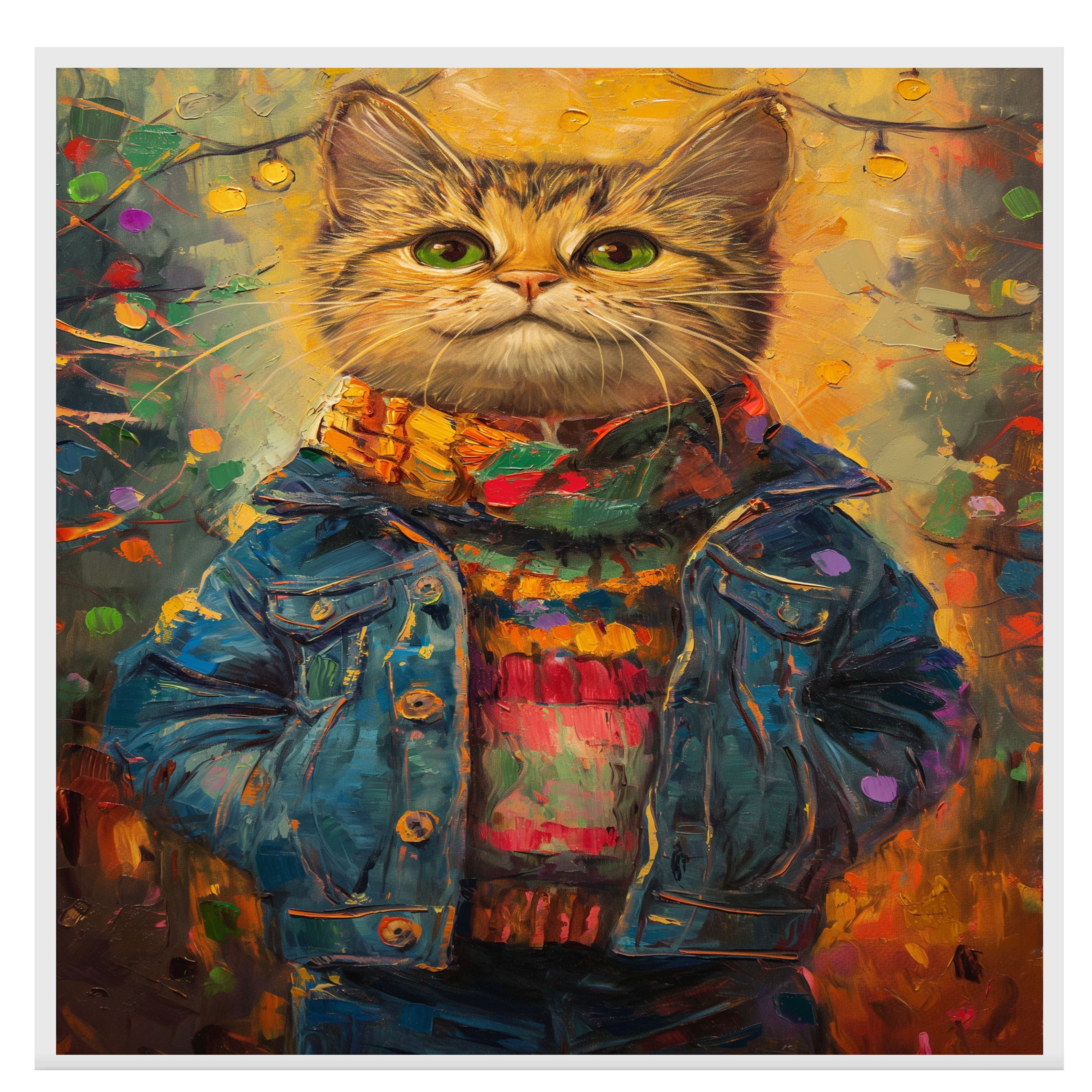 Christmas Kitten in Colorful Jacket and Scarf Adorable Holiday Cat Painting Festive Winter Lights Scene Perfect for Cozy Home Office Seasonal Gift on Ready to Hang 1.5" Thick Canvas Wrap, Floating Framed Canvas, Flat Rolled Canvas