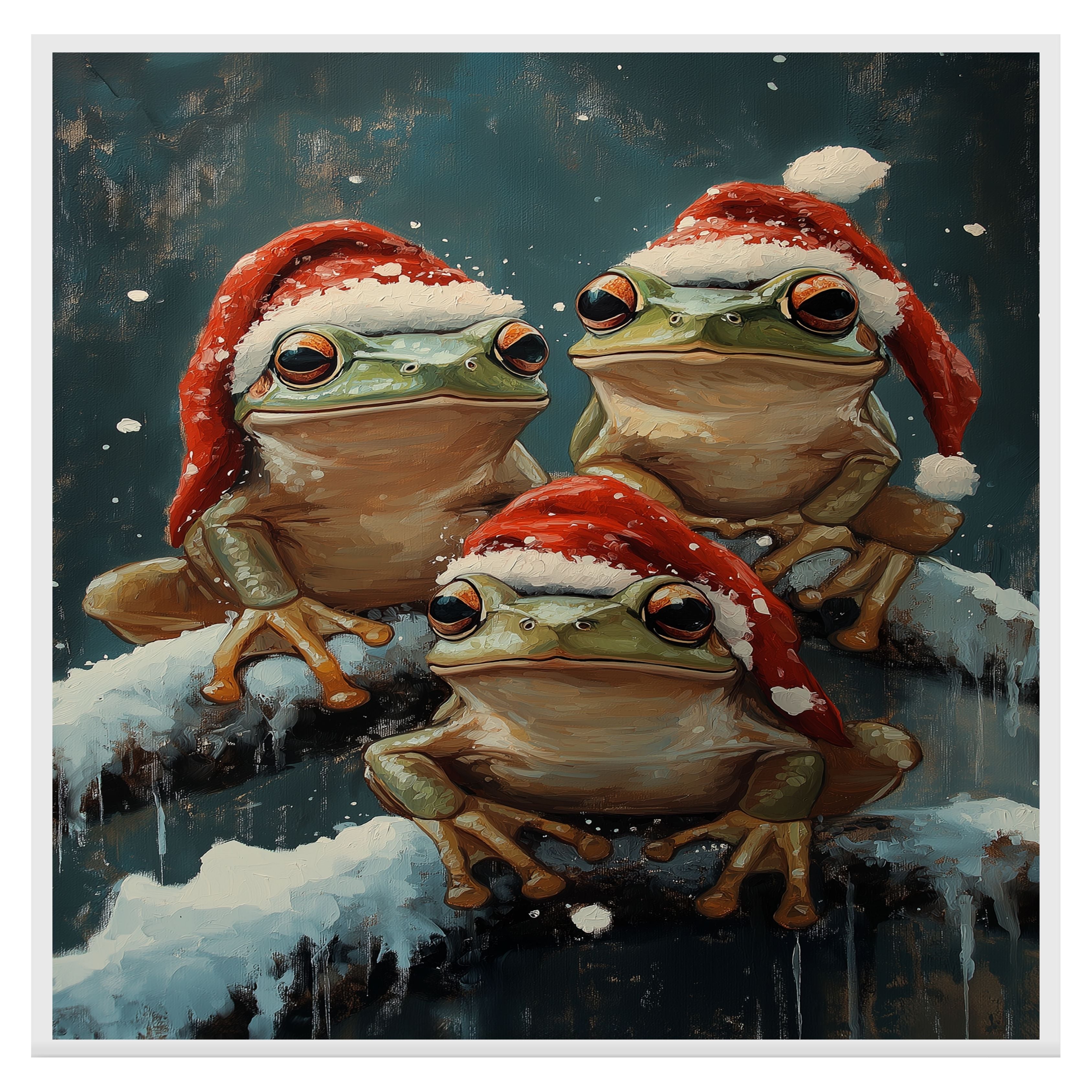 Christmas Frogs in Santa Hats Festive Tree Frogs Sitting on Snowy Branches Adorable Winter Holiday Decoration for Home Office or Christmas Gifts on Ready to Hang 1.5" Thick Canvas Wrap, Floating Framed Canvas, Flat Rolled Canvas