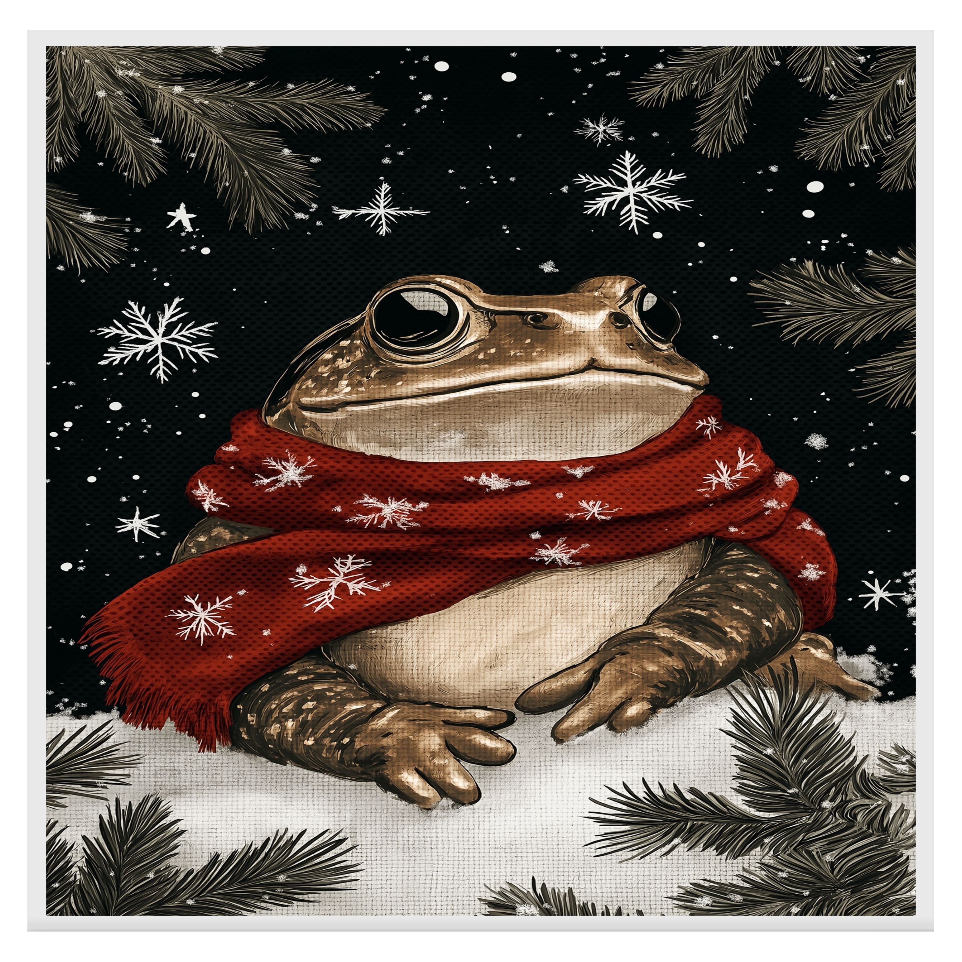 "Frosty Leap Frog" - Frog in Red Scarf Sitting in Snow on Ready to Hang 1.5" Thick Canvas Wrap, Floating Framed Canvas, Flat Rolled Canvas