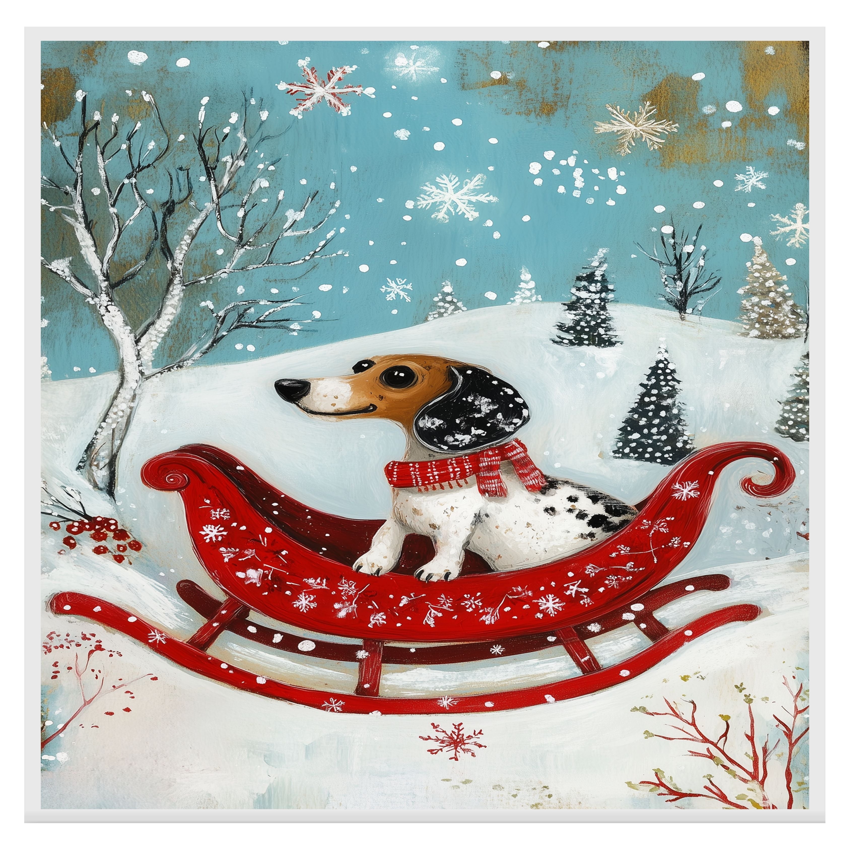 Dachshund in Red Sleigh Winter Forest Scene Whimsical Christmas Dog Wall Art, Holiday Pet Illustration, Cozy Festive Decor or Gift for Dog Lovers on Ready to Hang 1.5" Thick Canvas Wrap, Floating Framed Canvas, Flat Rolled Canvas