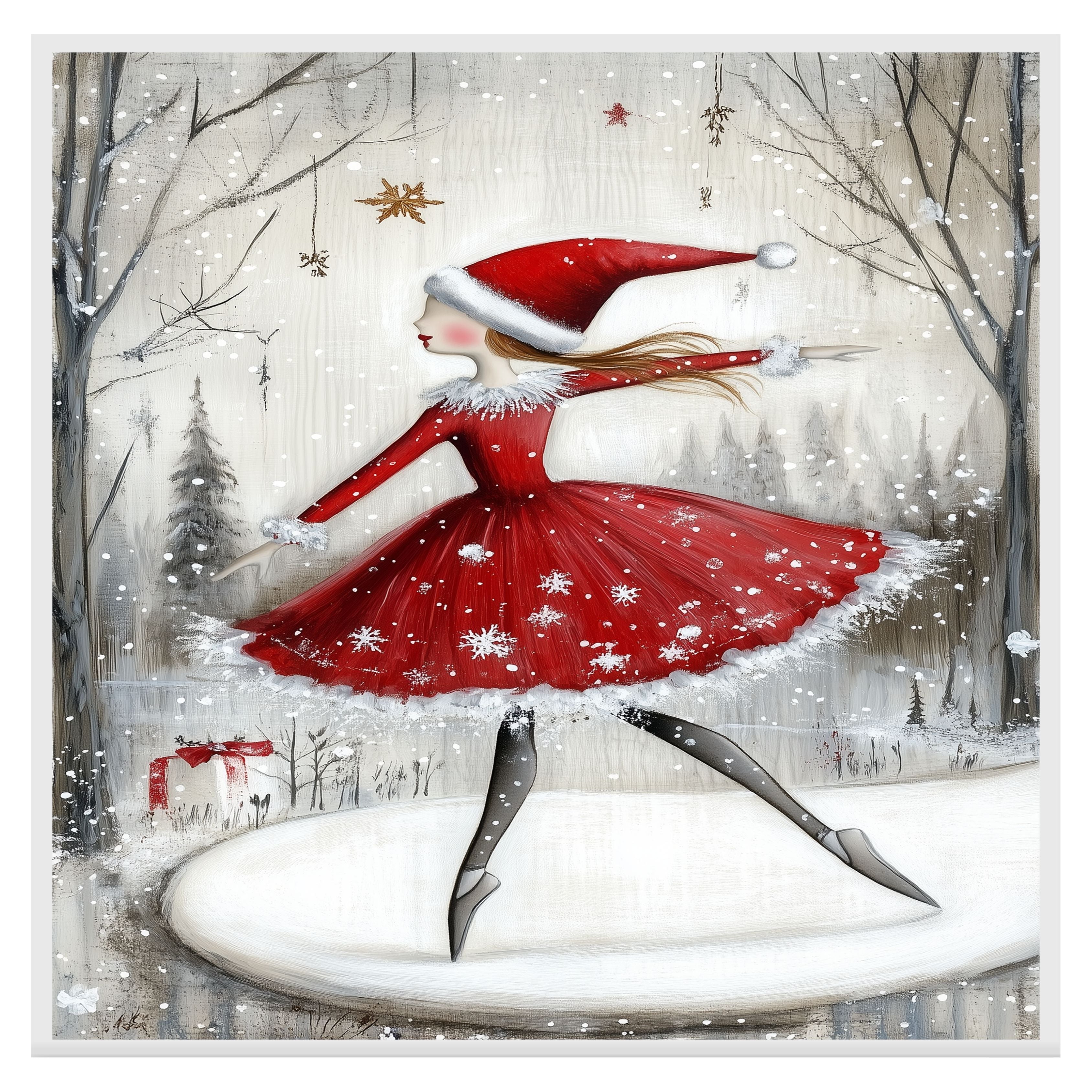 Christmas Wall Art Featuring Ballerina in Red Santa Dress Skating in Snowy Forest Enchanting Winter Holiday Artwork for Ballet Lovers and Festive Decor Enthusiasts on Ready to Hang 1.5" Thick Canvas Wrap, Floating Framed Canvas, Flat Rolled Canvas