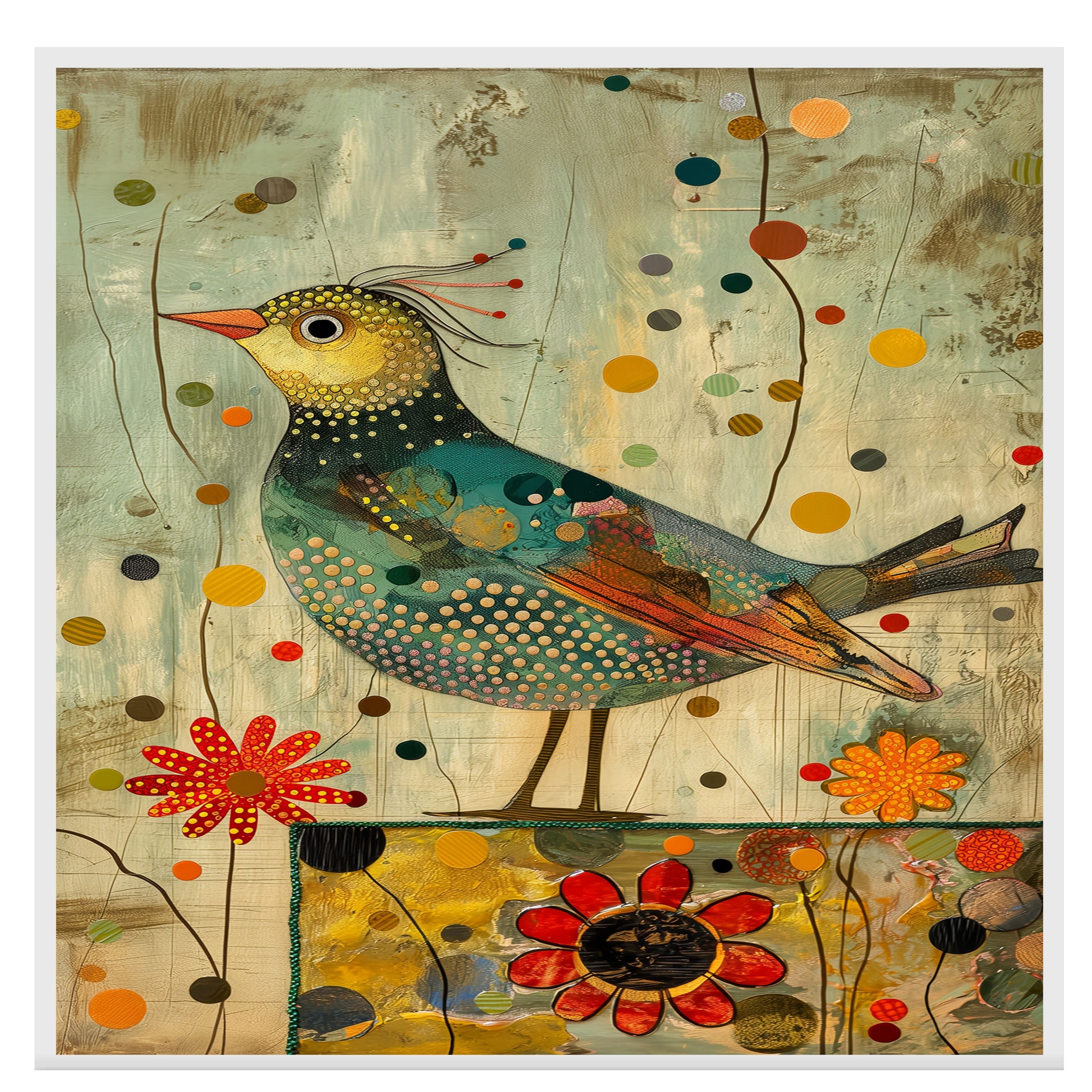 Charming Painting of a Whimsical Bird with Dotted Feathers and Abstract Flowers in Warm Earthy Colors Perfect for Nature Inspired or Eclectic Home Accents on Ready to Hang 1.5" Thick Canvas Wrap, Floating Framed Canvas, Flat Rolled Canvas