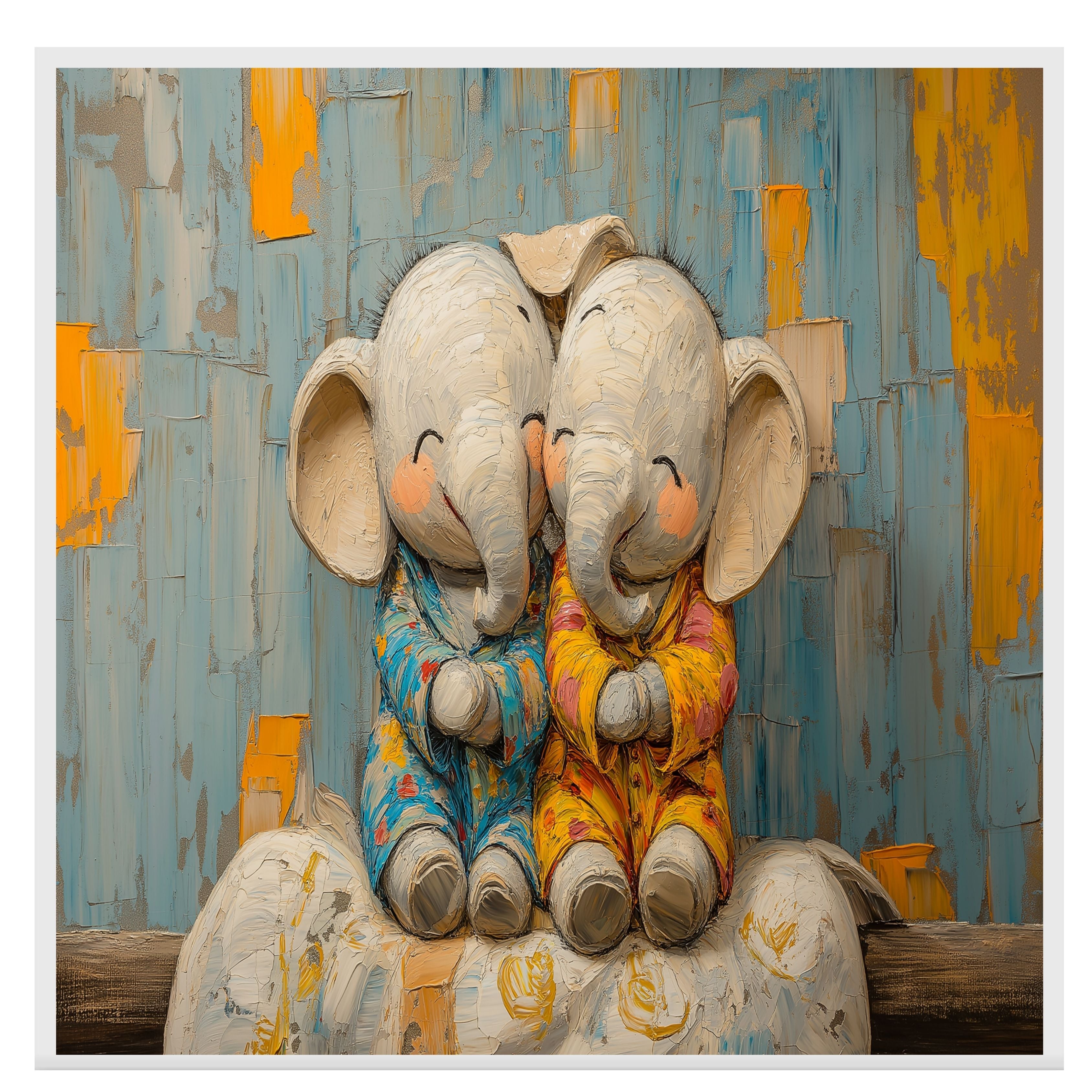 Adorable Painting of Two Baby Elephants Snuggling in Pajamas with Happy Expressions and a Colorful Textured Background in Warm Blue and Orange Tones on Ready to Hang 1.5" Thick Canvas Wrap, Floating Framed Canvas, Flat Rolled Canvas
