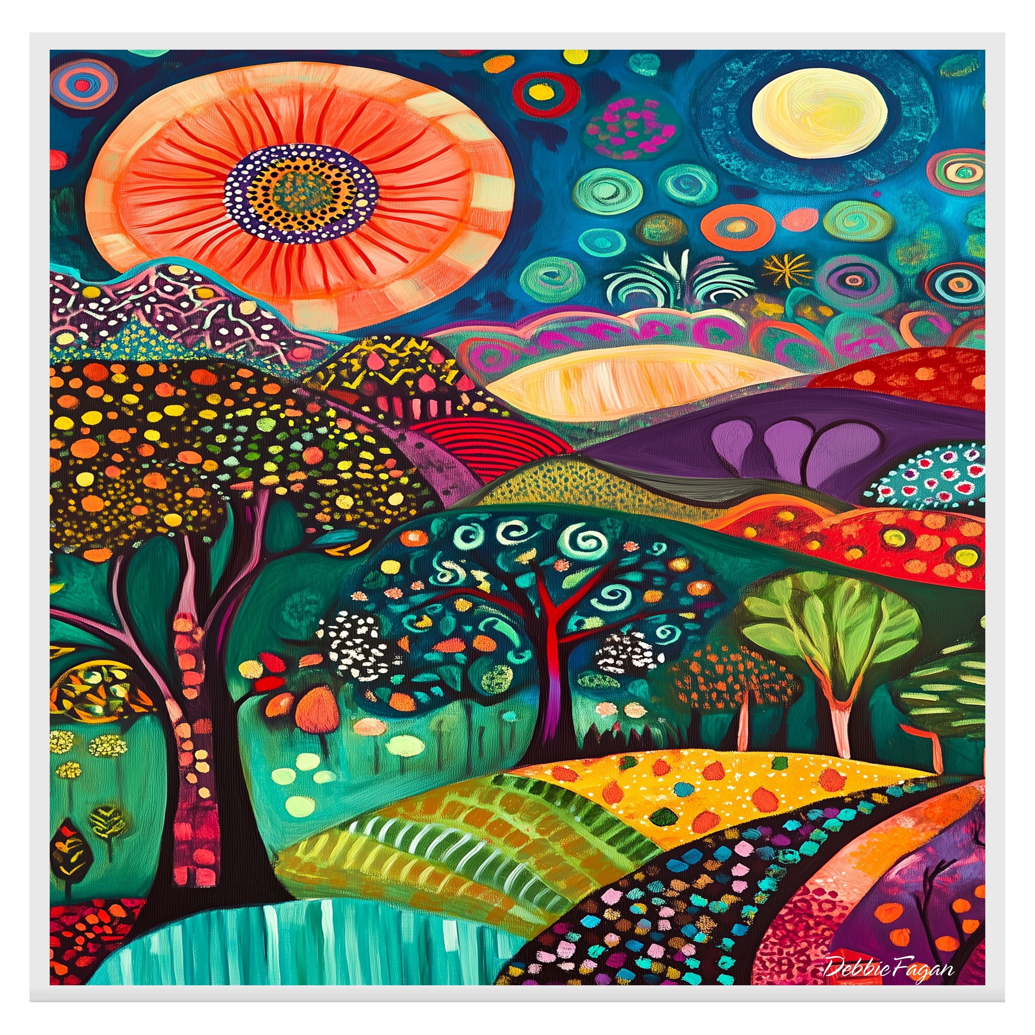 Vibrant Folk Art Landscape Canvas – Colorful Trees, Hills, and Sunbursts in Whimsical Abstract Style on Ready to Hang 1.5" Thick Canvas Wrap, Floating Framed Canvas, Flat Rolled Canvas