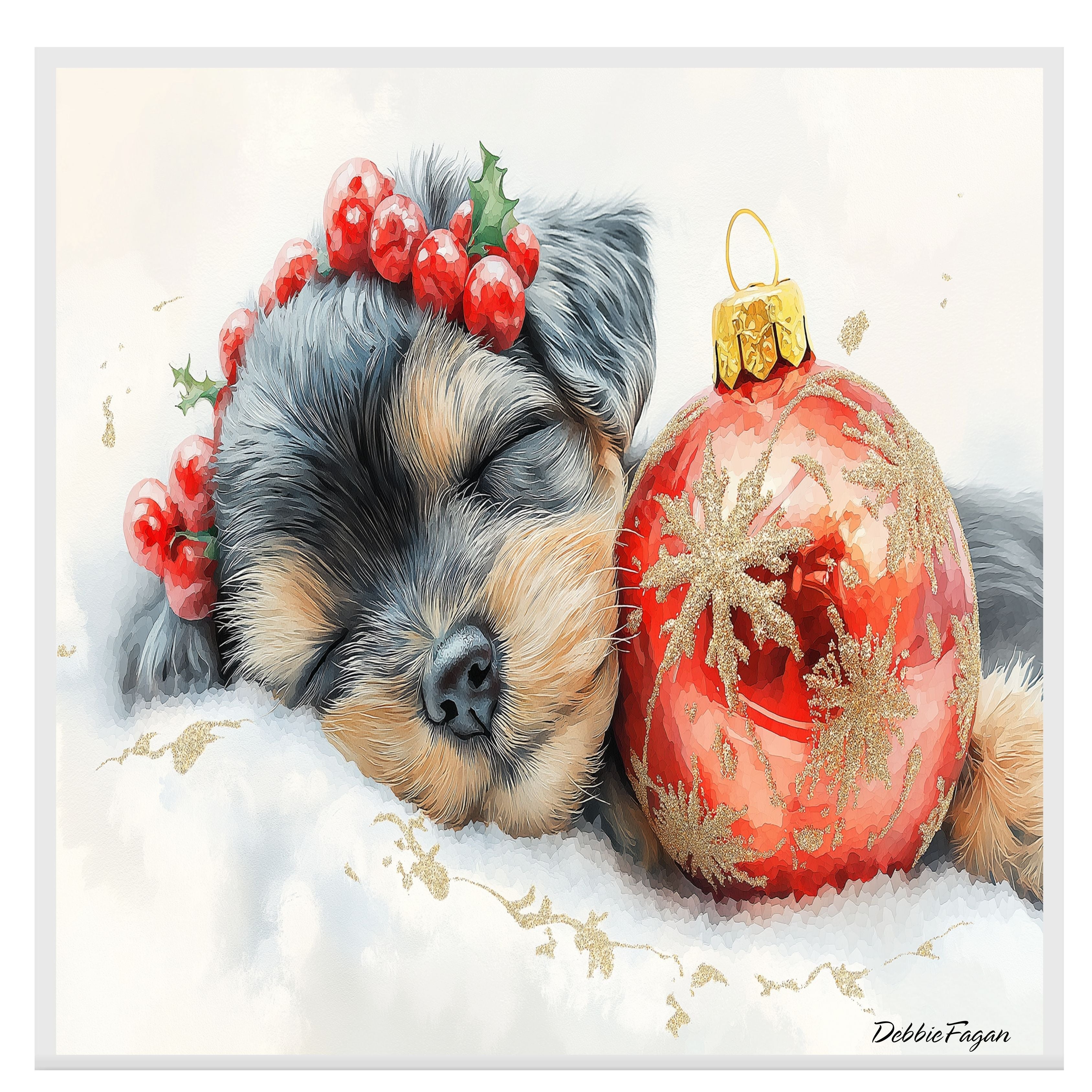 Schnauzer Christmas Canvas - "Silent Night Snooze" - Cozy Puppy Nestled Beside Christmas Ornament on Ready to Hang 1.5" Thick Canvas Wrap, Floating Framed Canvas, Flat Rolled Canvas