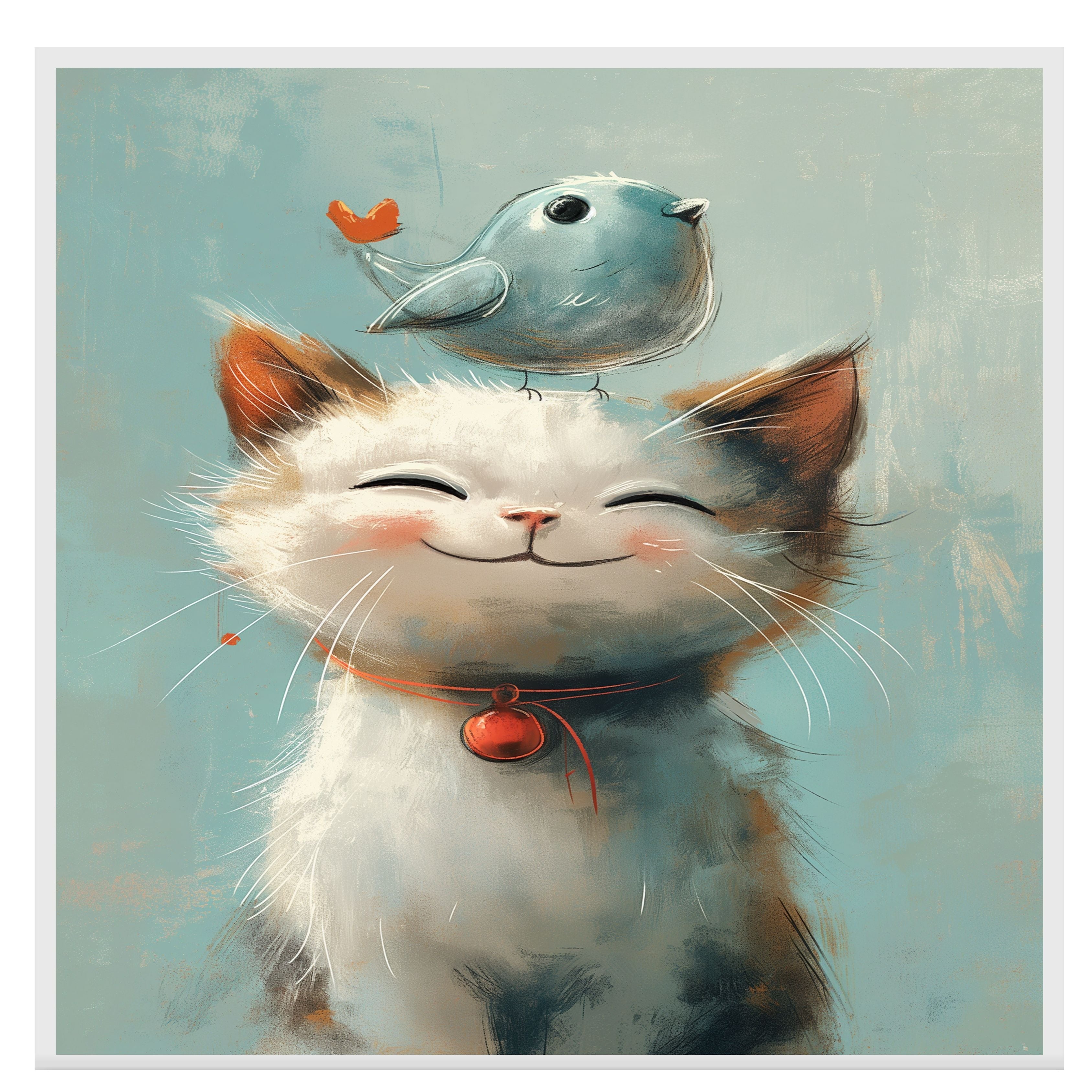 Sweet Painting of a Smiling Kitten with a Blue Bird on Its Head and Red Bell Collar Perfect for Whimsical Nursery Decor or a Gift for Cat and Animal Lovers on Ready to Hang 1.5" Thick Canvas Wrap, Floating Framed Canvas, Flat Rolled Canvas