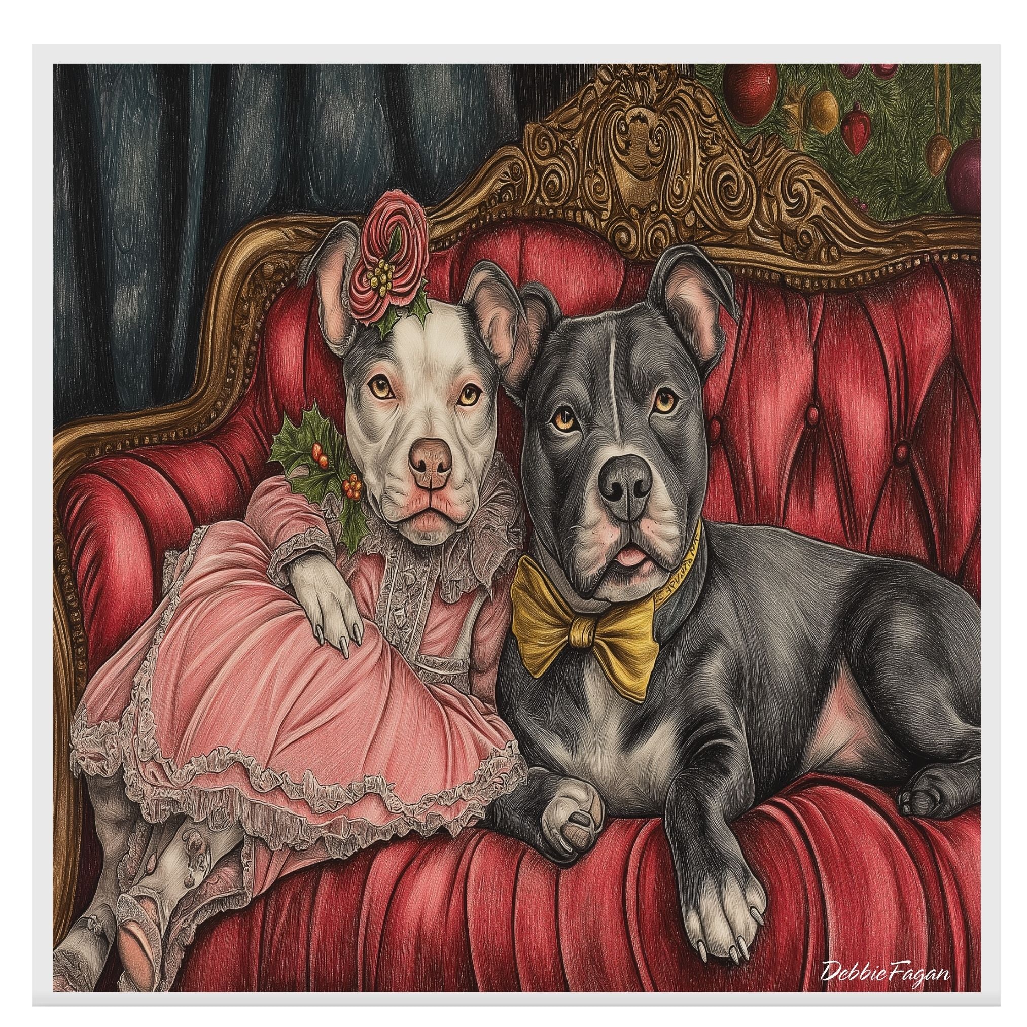 American Pit Bull Christmas Canvas - "Victorian Vibes: Posh Pit Bulls on a Couch" - Dressed in Vintage Attire on Ready to Hang 1.5" Thick Canvas Wrap, Floating Framed Canvas, Flat Rolled Canvas