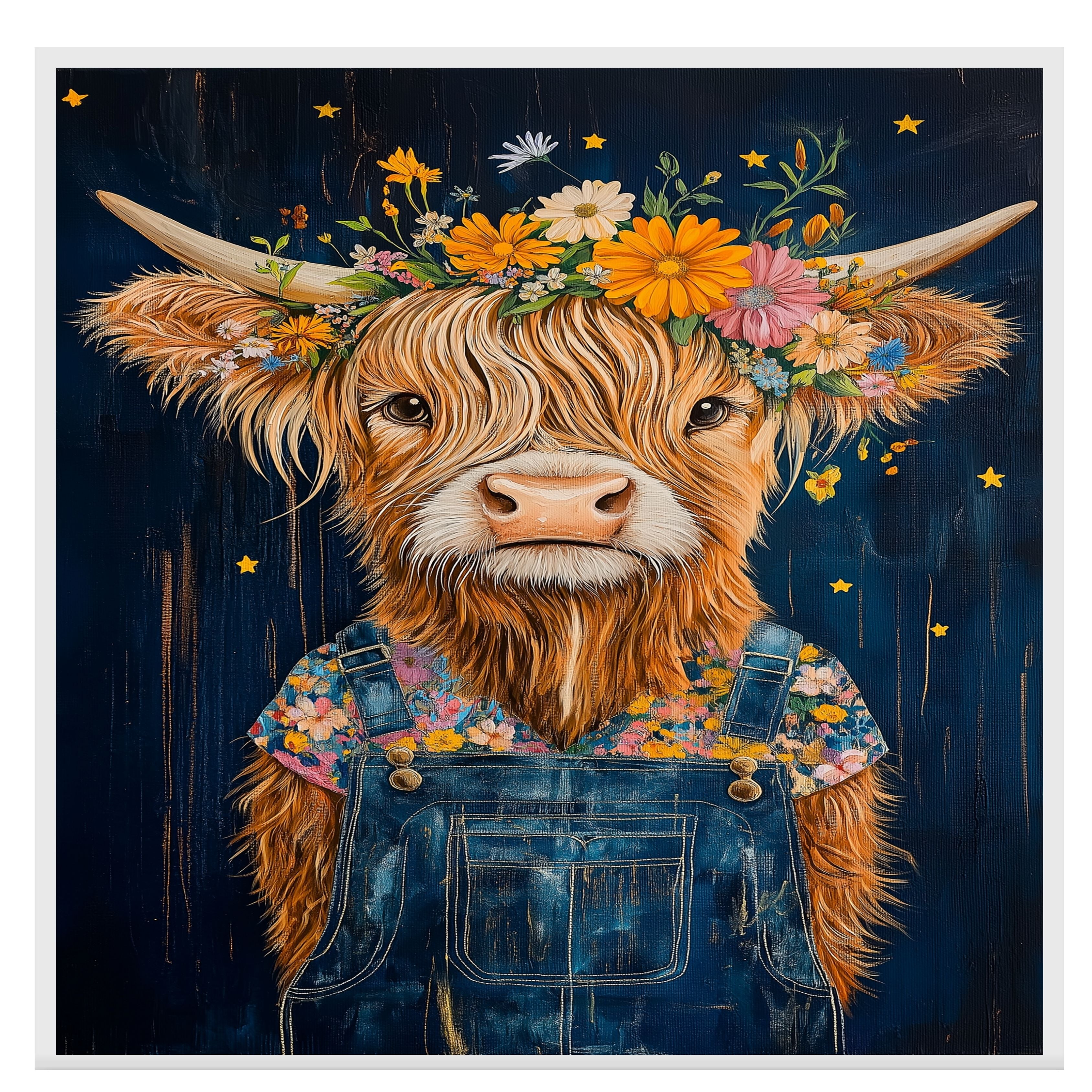 Happy Highland Cow in Overalls with Flower Crown Whimsical Hand Painted Floral Art Rustic Wall Decor for Farmhouse Kids Room Bedroom or Gift for Cow Lovers on Ready to Hang 1.5" Thick Canvas Wrap, Floating Framed Canvas, Flat Rolled Canvas