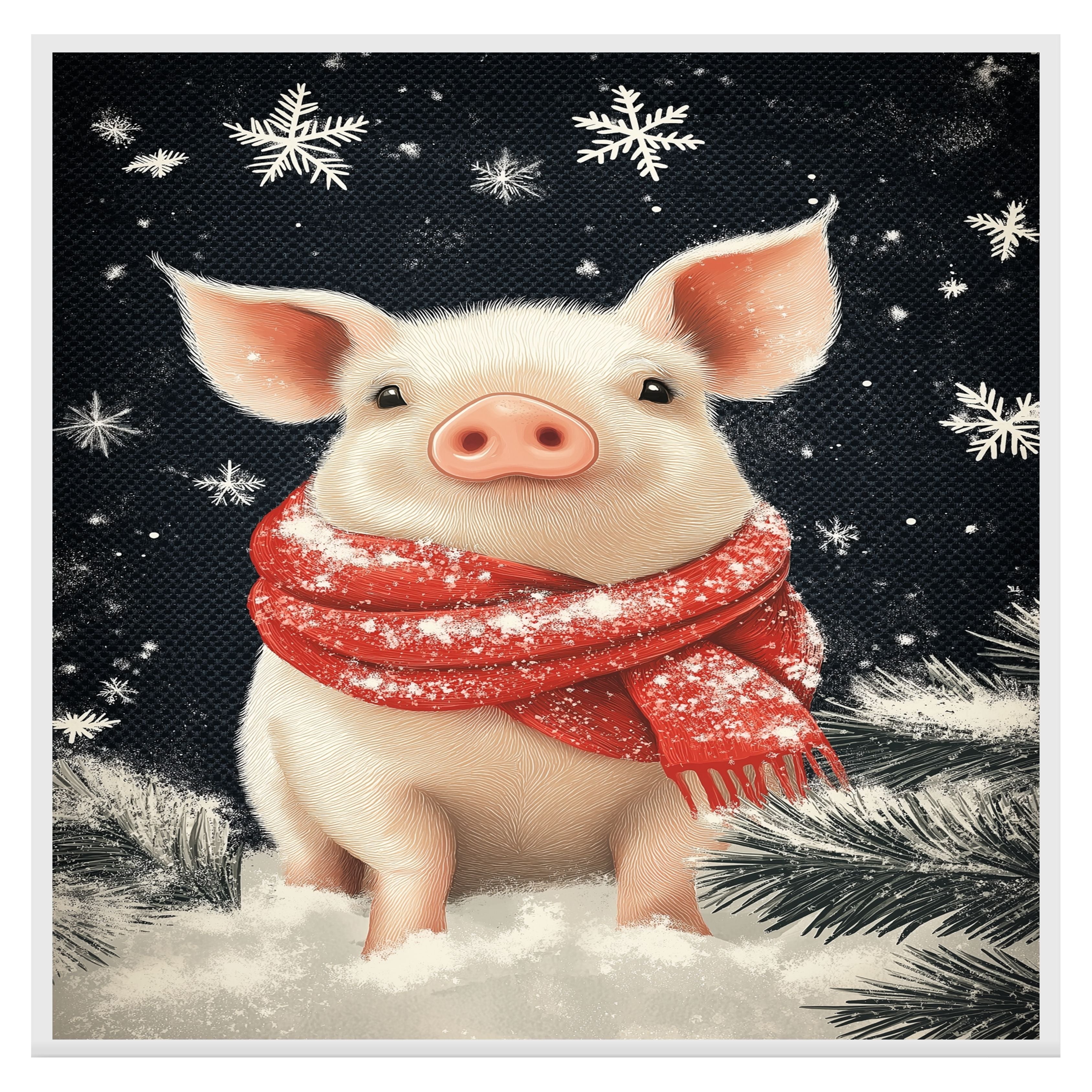 "Winter Cuddle Pig" - Pig in Red Scarf Cozy in Snow on Ready to Hang 1.5" Thick Canvas Wrap, Floating Framed Canvas, Flat Rolled Canvas