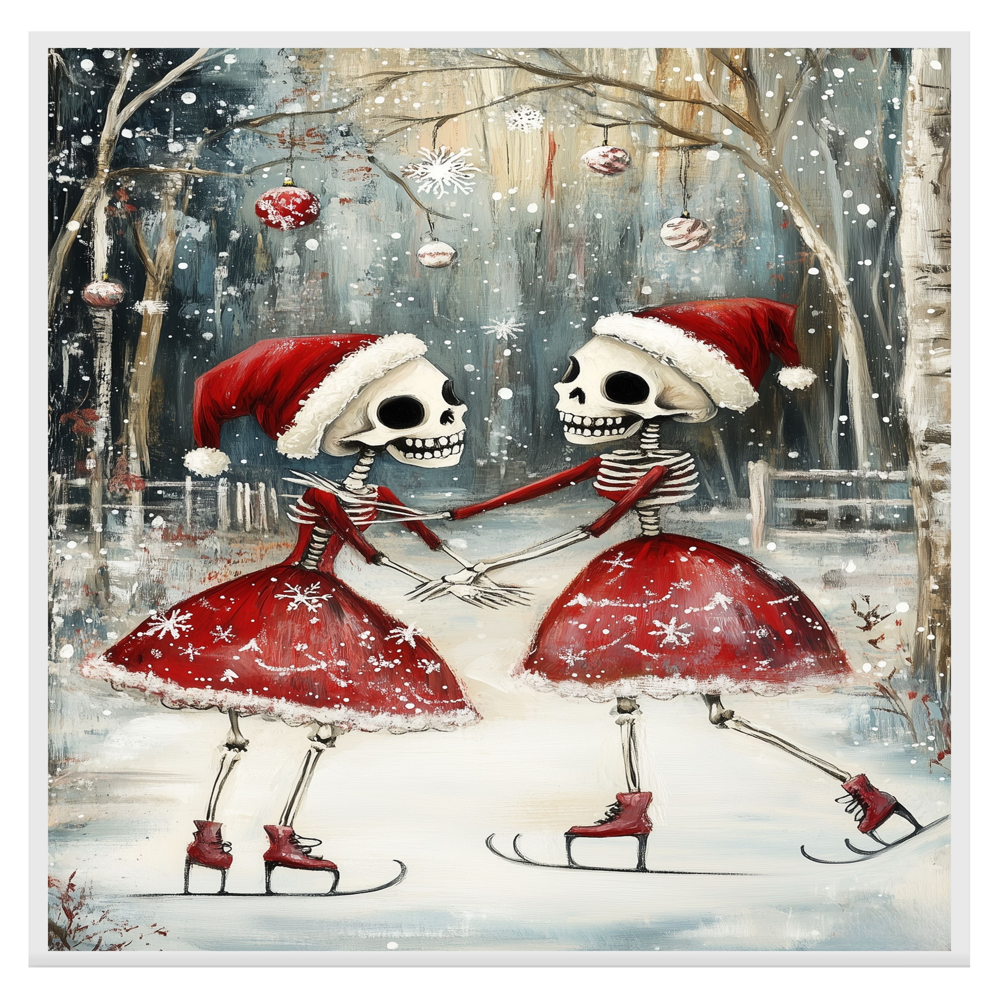 Whimsical Skeleton Ice Skating Christmas Print – Gothic Holiday Art with Dancing Skeletons in Santa Hats, Spooky Winter Scene, Quirky Festive Wall Decor on Ready to Hang 1.5" Thick Canvas Wrap, Floating Framed Canvas, Flat Rolled Canvas