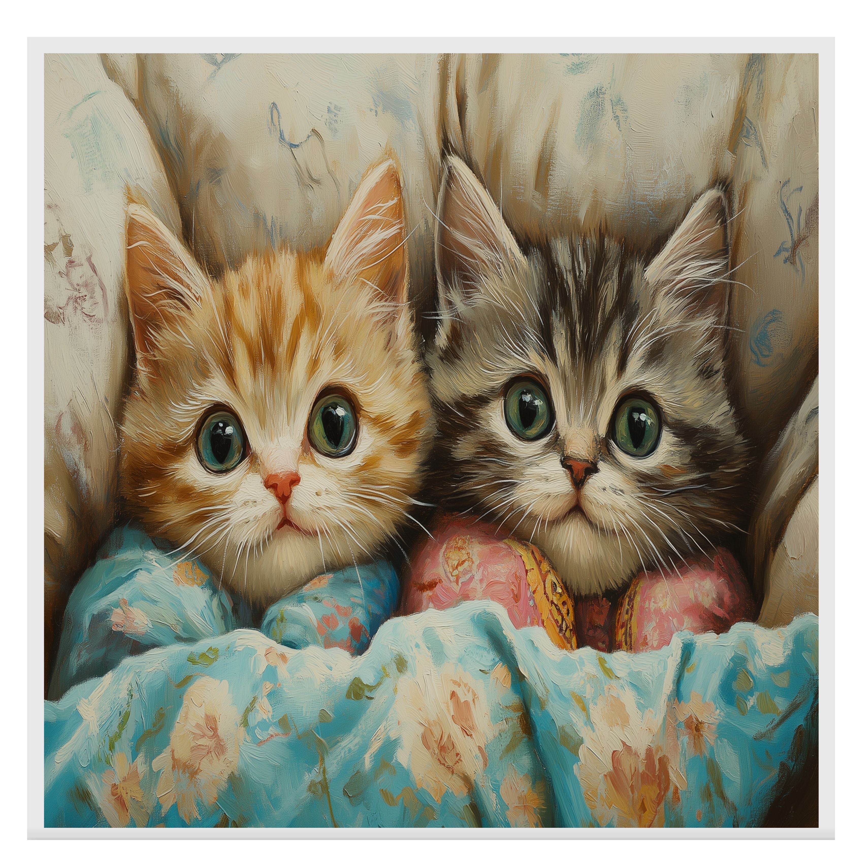 Painting of Two Cute Kittens Snuggled in Colorful Floral Blankets with Big Eyes and Soft Fur in a Cozy Bed Surrounded by Pillows in a Warm Whimsical Setting on Ready to Hang 1.5" Thick Canvas Wrap, Floating Framed Canvas, Flat Rolled Canvas
