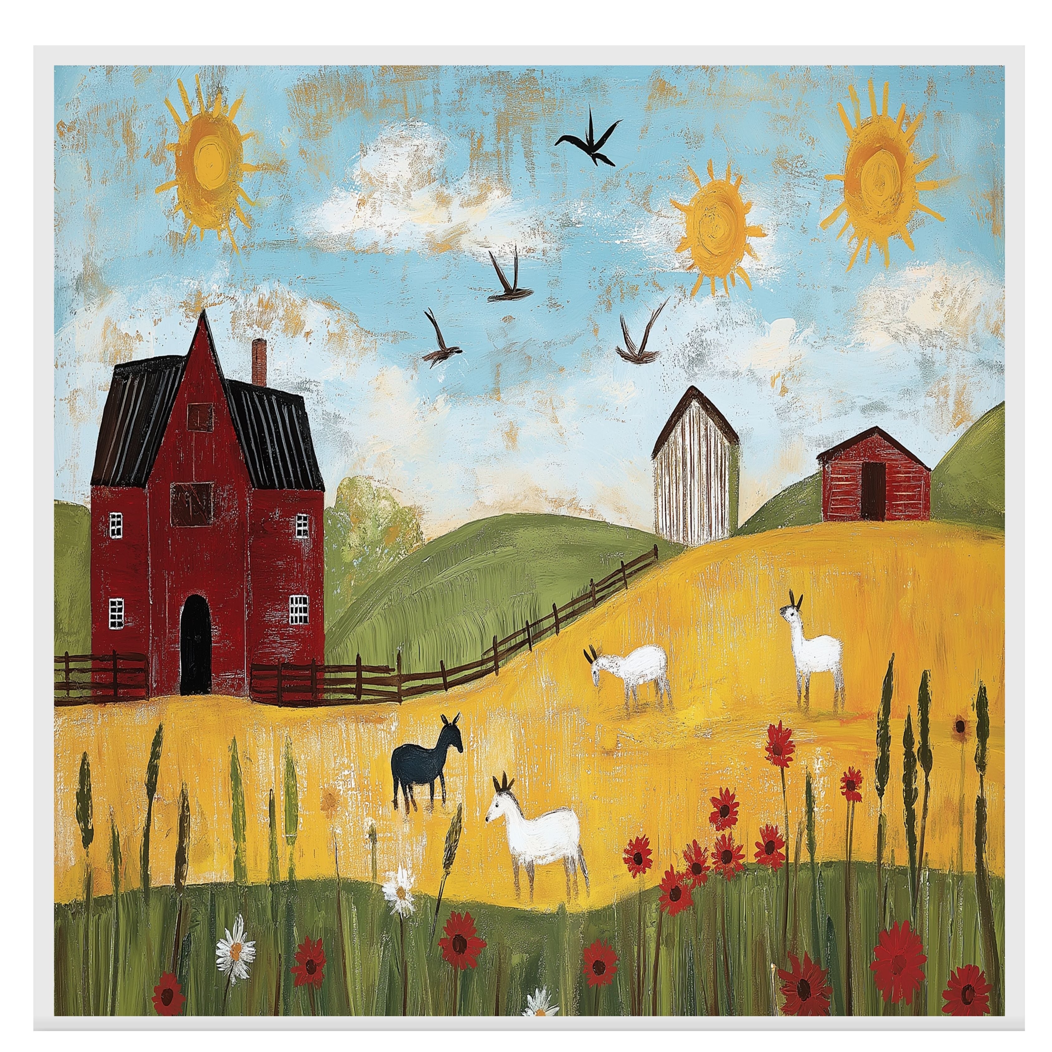 Farm Folk Art Print Featuring Red Barn Goats Sunny Hillside and Wildflowers Hand Painted Country Landscape Illustration for Rustic Wall Decor or Gift Idea on Ready to Hang 1.5" Thick Canvas Wrap, Floating Framed Canvas, Flat Rolled Canvas