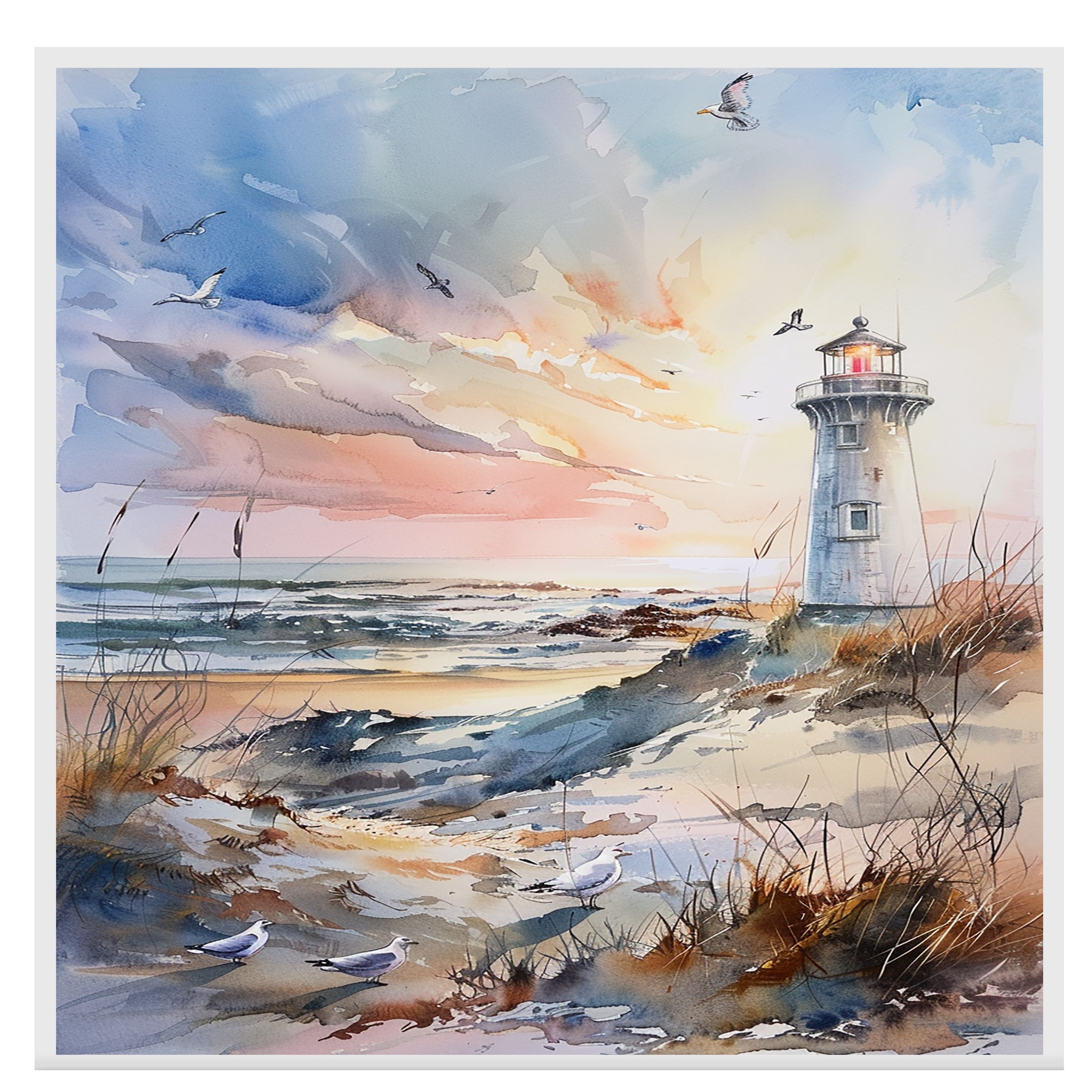 Majestic Lighthouse Overlooking Ocean Waves at Sunset with Soaring Seagulls in Tranquil Coastal Watercolor Scene on Ready to Hang 1.5" Thick Canvas Wrap, Floating Framed Canvas, Flat Rolled Canvas
