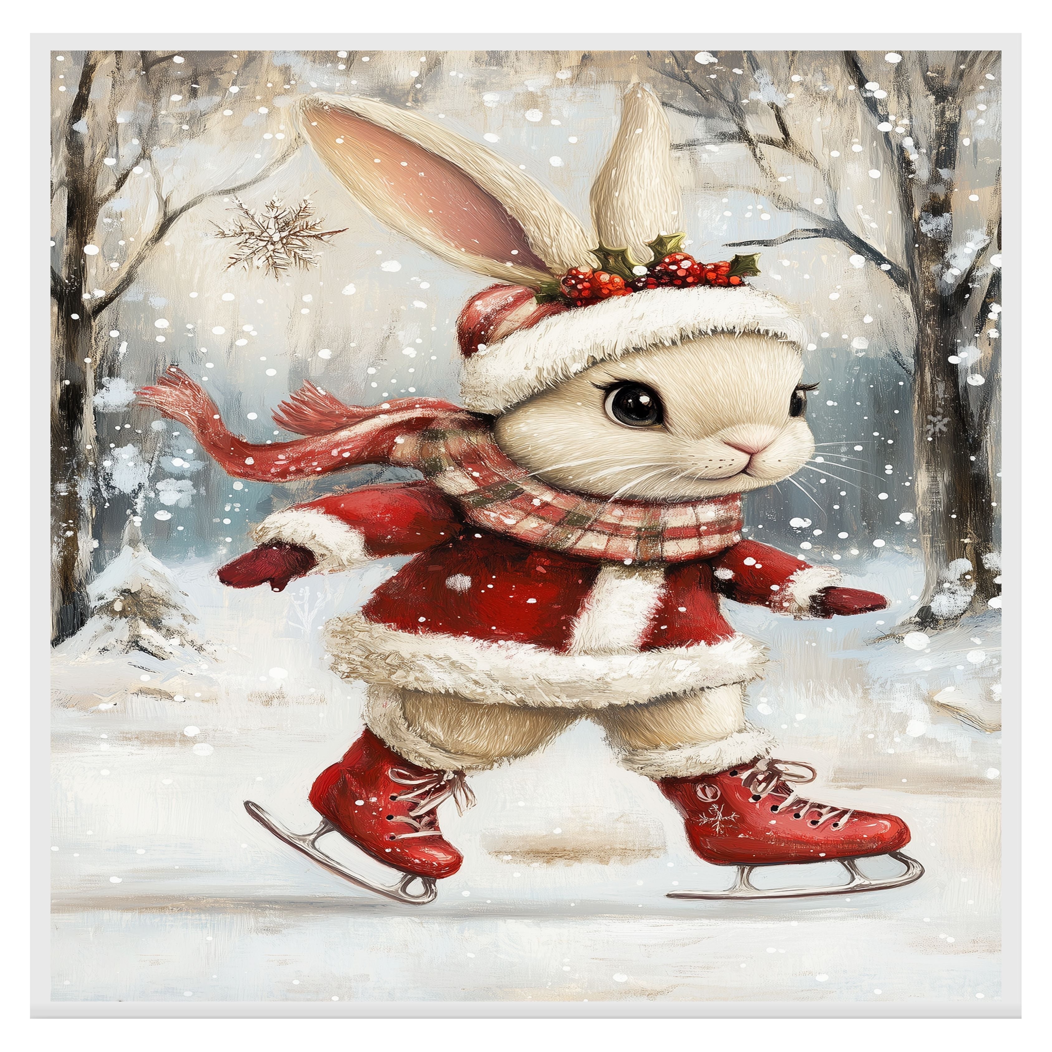 Christmas Wall Art Featuring Ice Skating Bunny in Red Coat and Holly Crown Whimsical Holiday Illustration for Winter Home Decor and Animal Lovers