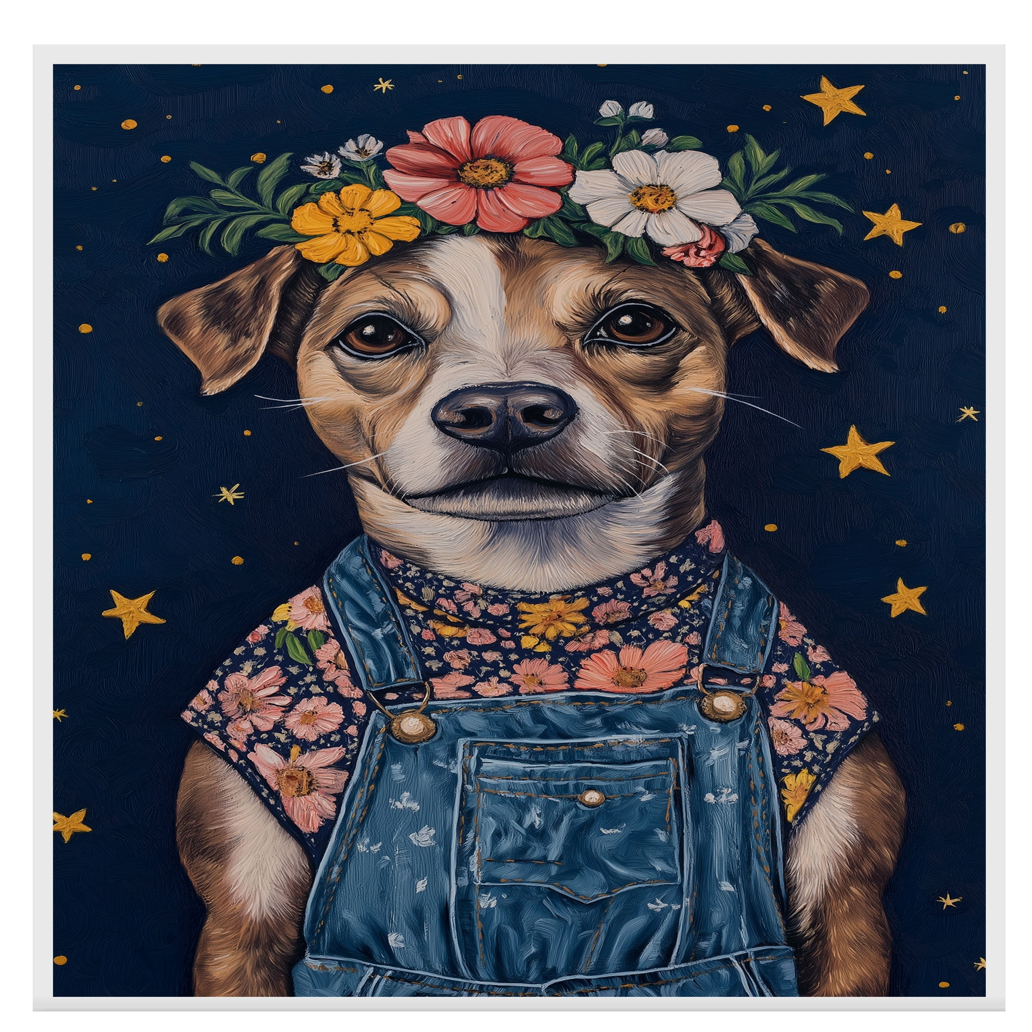 Dog Wearing Overalls and Floral Crown Art Whimsical Animal Painting for Nursery Farmhouse Decor Dog Lover Gift Cute Rustic Wall Print for Bedroom or Living Room on Ready to Hang 1.5" Thick Canvas Wrap, Floating Framed Canvas, Flat Rolled Canvas
