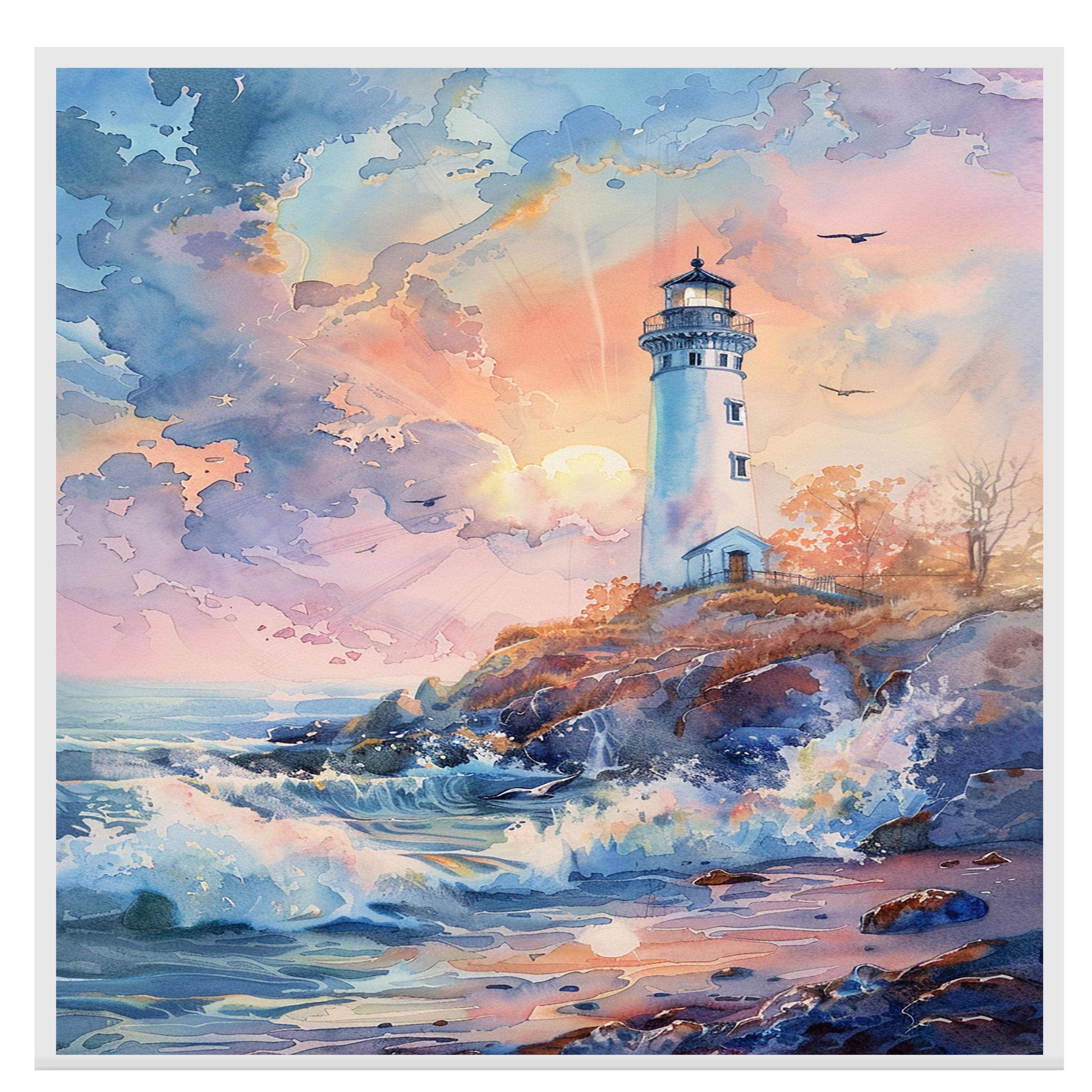 Majestic Lighthouse on Rocky Shore at Sunrise with Crashing Waves and Radiant Sky in Serene Watercolor Nautical Scene on Ready to Hang 1.5" Thick Canvas Wrap, Floating Framed Canvas, Flat Rolled Canvas