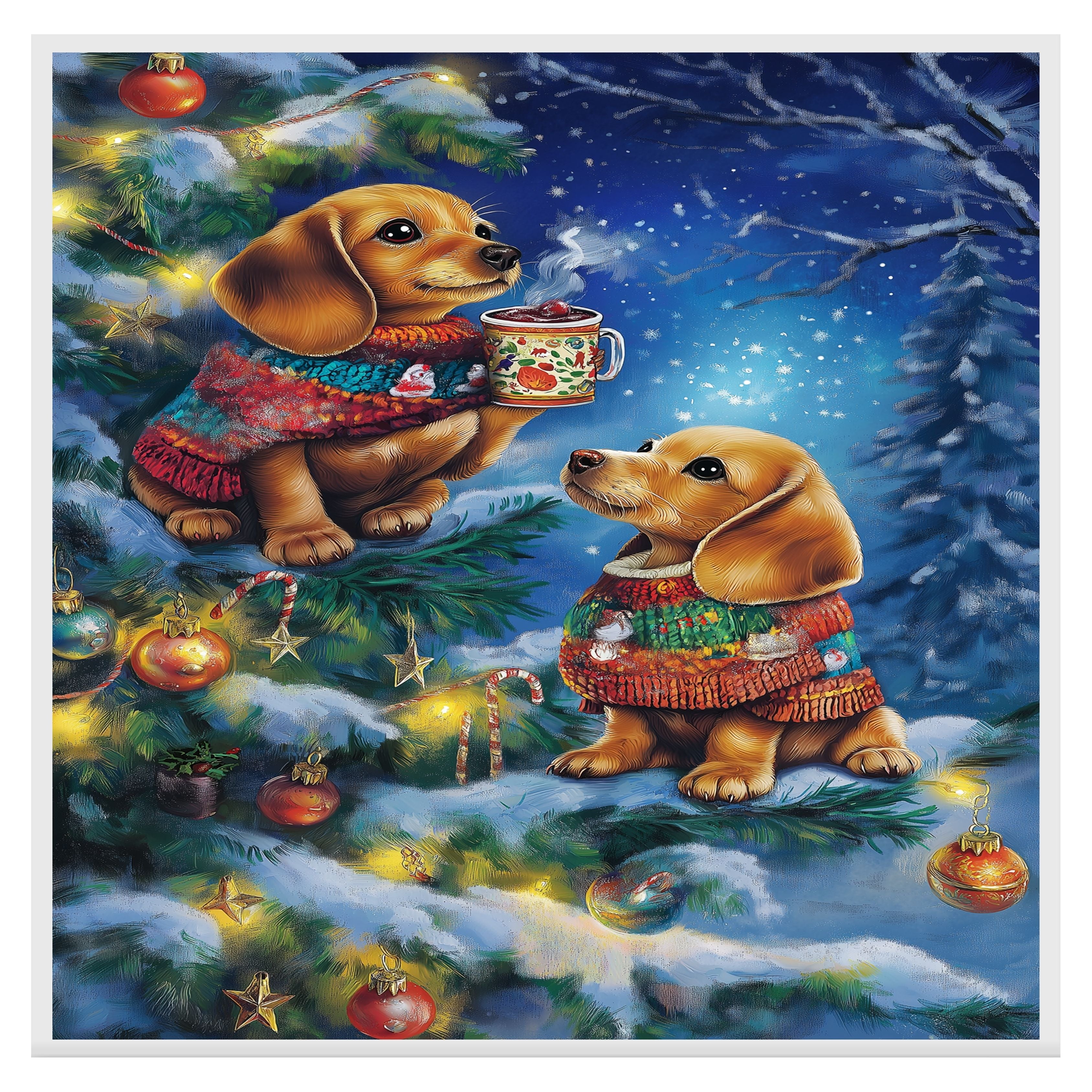 Christmas Dachshund Puppies in Festive Sweaters with Hot Cocoa and Ornaments in a Snowy Night Scene Art Print for Holiday Home or Nursery Display on Ready to Hang 1.5" Thick Canvas Wrap, Floating Framed Canvas, Flat Rolled Canvas