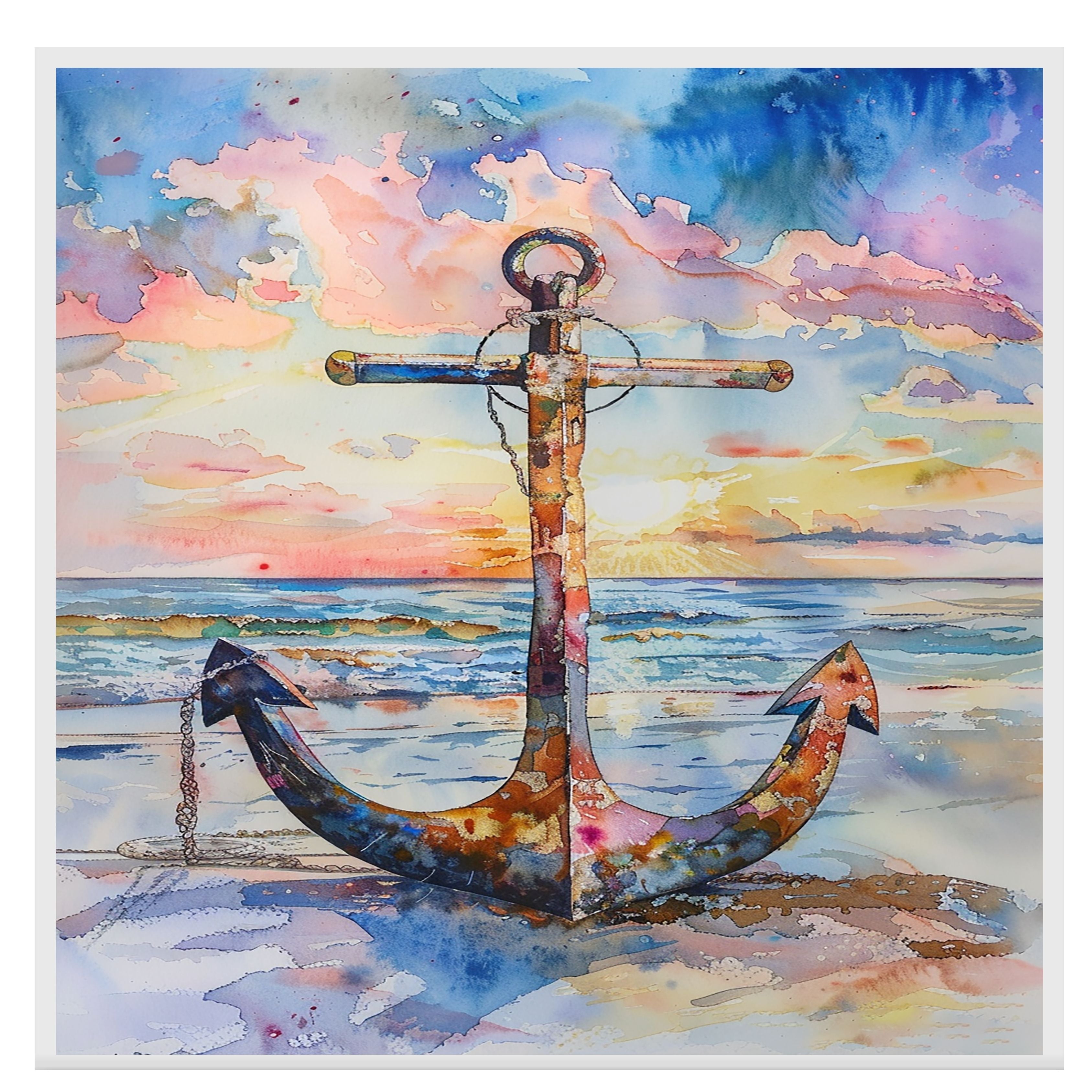 Watercolor Painting of a Multicolored Anchor on the Beach at Sunset with Ocean Waves and Vibrant Sky Background on Ready to Hang 1.5" Thick Canvas Wrap, Floating Framed Canvas, Flat Rolled Canvas