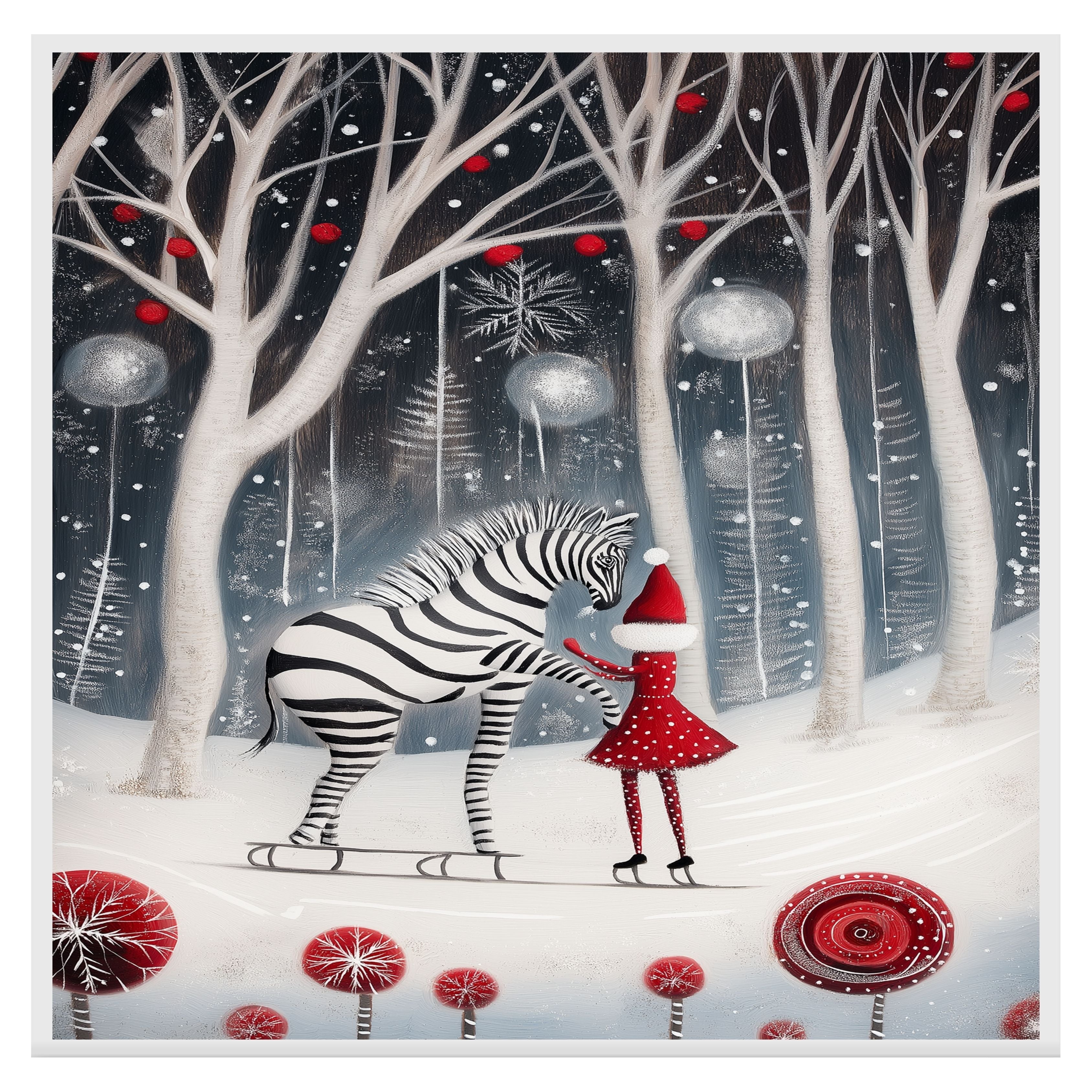 Enchanted Christmas Zebra Ice Skating Print – Whimsical Winter Art with Girl in Red Dress, Snowy Forest Holiday Decor, Fantasy Animal Illustration on Ready to Hang 1.5" Thick Canvas Wrap, Floating Framed Canvas, Flat Rolled Canvas