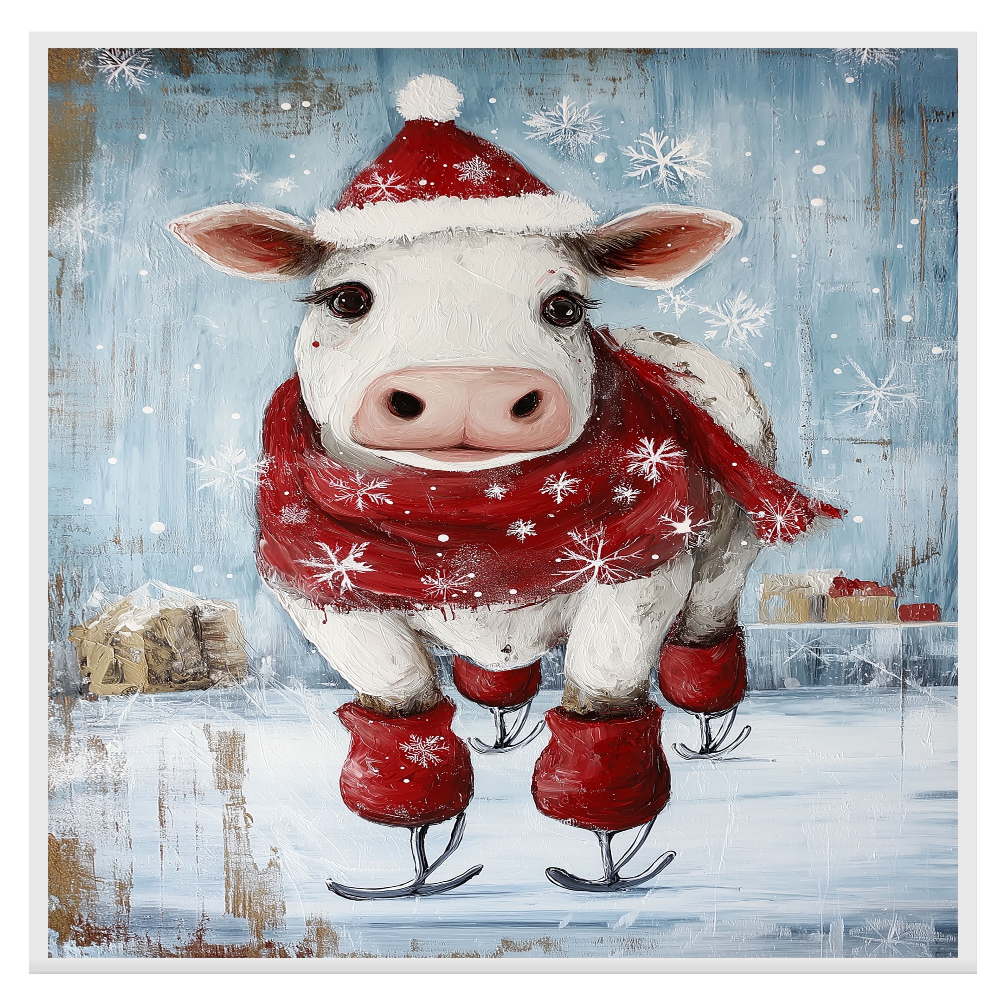 Adorable Christmas Cow Ice Skating in Santa Hat with Red Scarf Festive Farm Animal Illustration for Country Holiday Decor and Whimsical Winter Cheer on Ready to Hang 1.5" Thick Canvas Wrap, Floating Framed Canvas, Flat Rolled Canvas