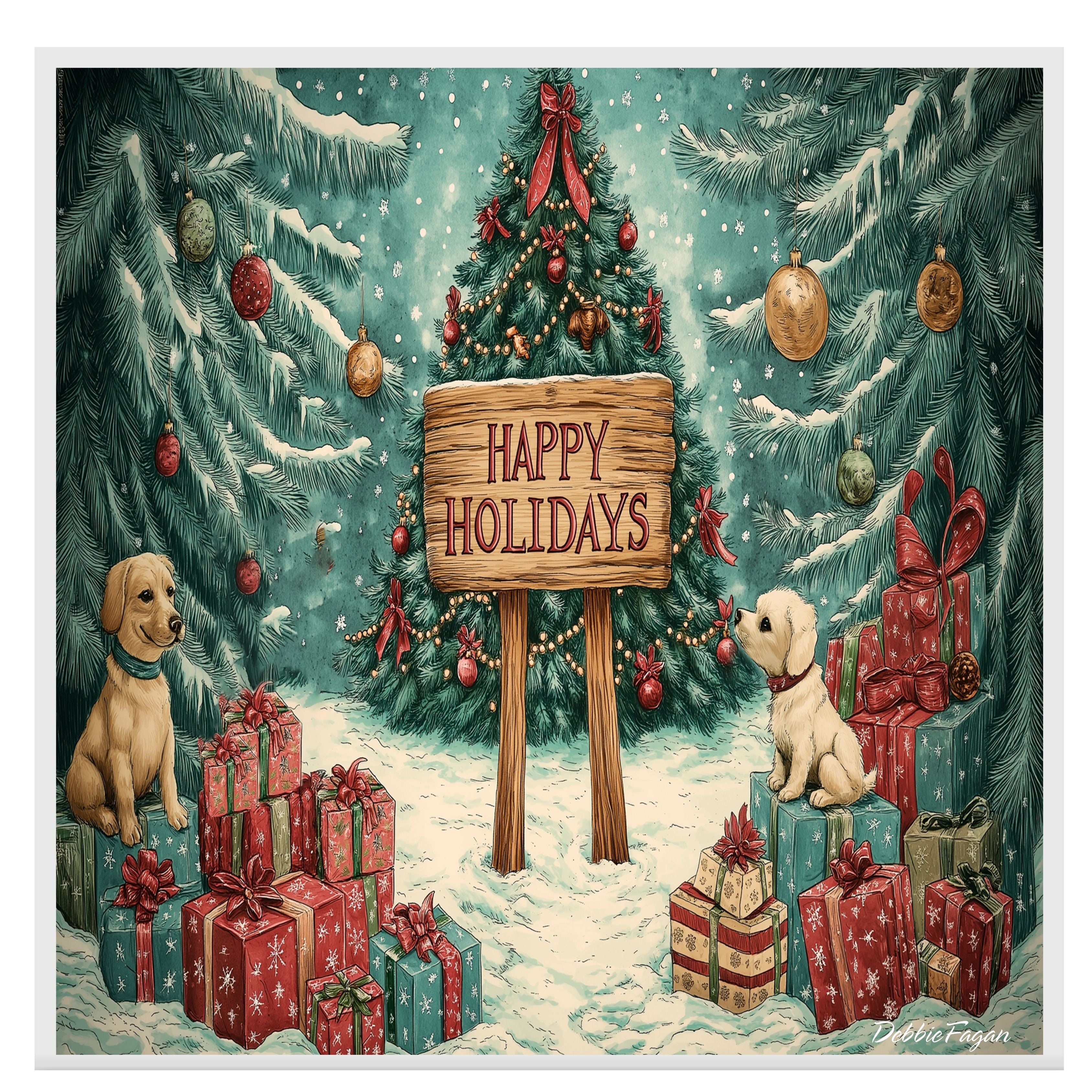 Christmas Canvas - "Winter Wonderland" - Adorable Puppies Playing in a Snowy Forest with Christmas Tree and Gifts on Ready to Hang 1.5" Thick Canvas Wrap, Floating Framed Canvas, Flat Rolled Canvas