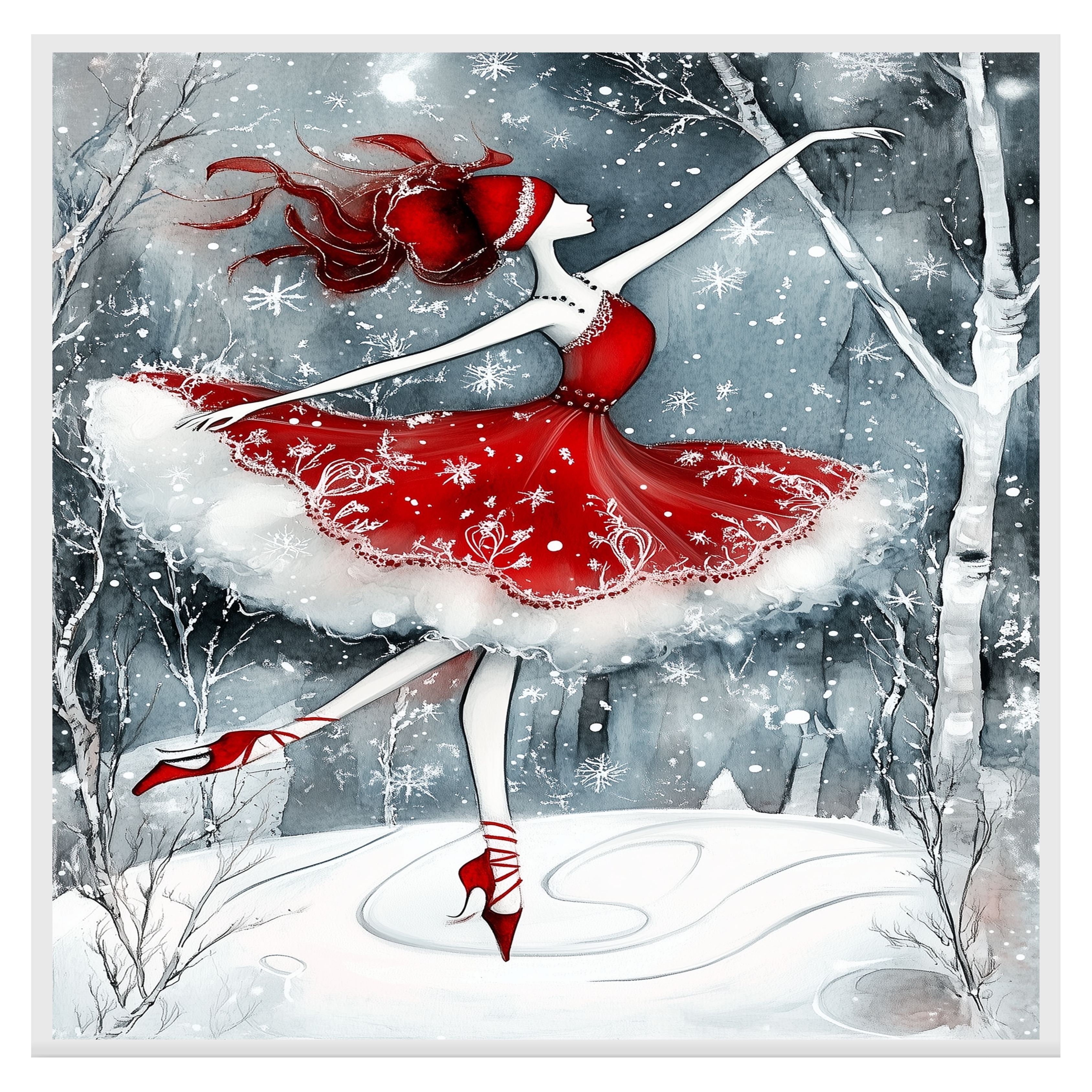Christmas Wall Art Featuring Whimsical Ballerina in Red Skating in Snowy Forest Enchanting Holiday Artwork for Winter Decor Ballet Fans and Seasonal Elegance on Ready to Hang 1.5" Thick Canvas Wrap, Floating Framed Canvas, Flat Rolled Canvas