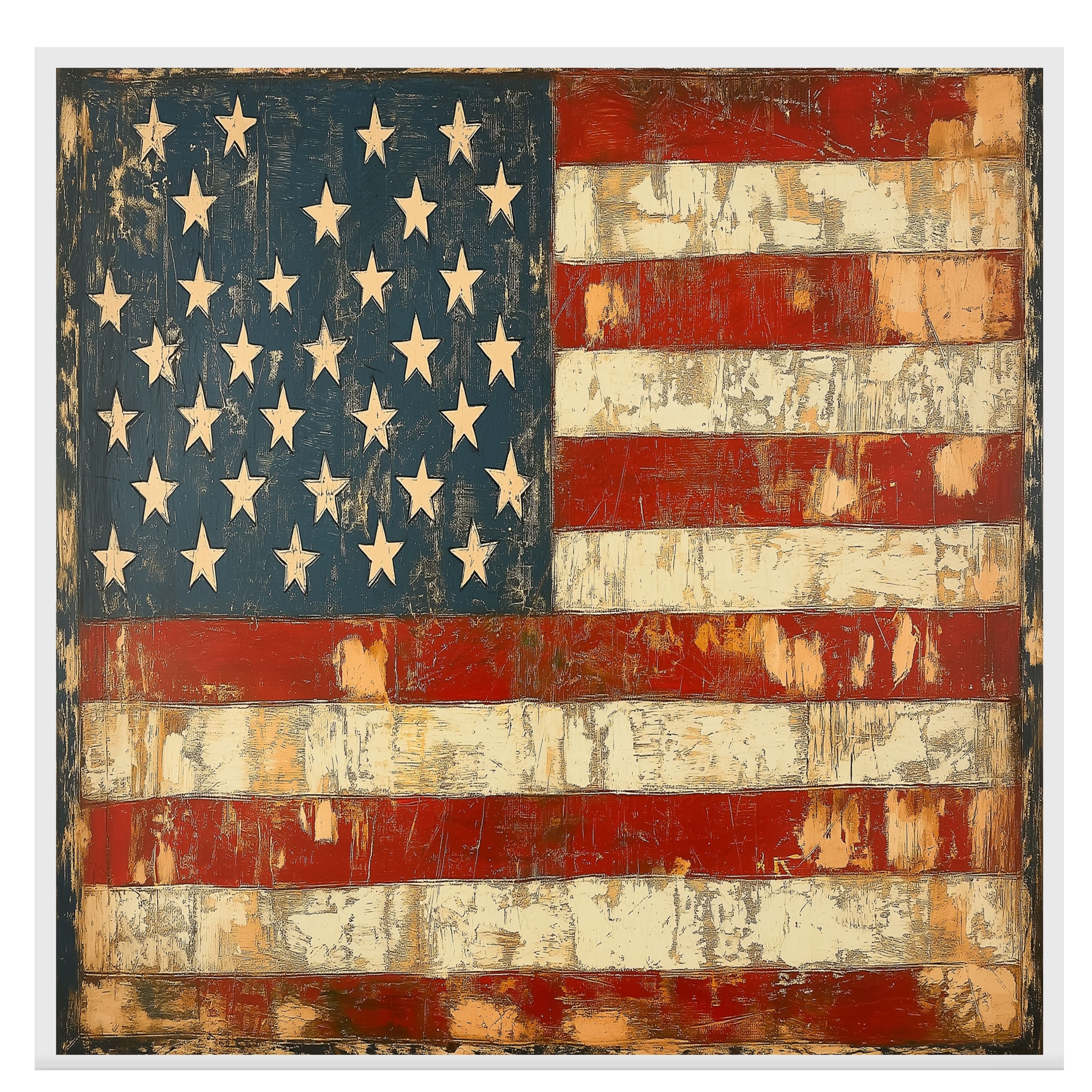 Rustic American Flag in Vintage Folk Art Style with Distressed Texture, Aged Red White and Blue Stripes, and Weathered Stars for Timeless Patriotic Charm on Ready to Hang 1.5" Thick Canvas Wrap, Floating Framed Canvas, Flat Rolled Canvas