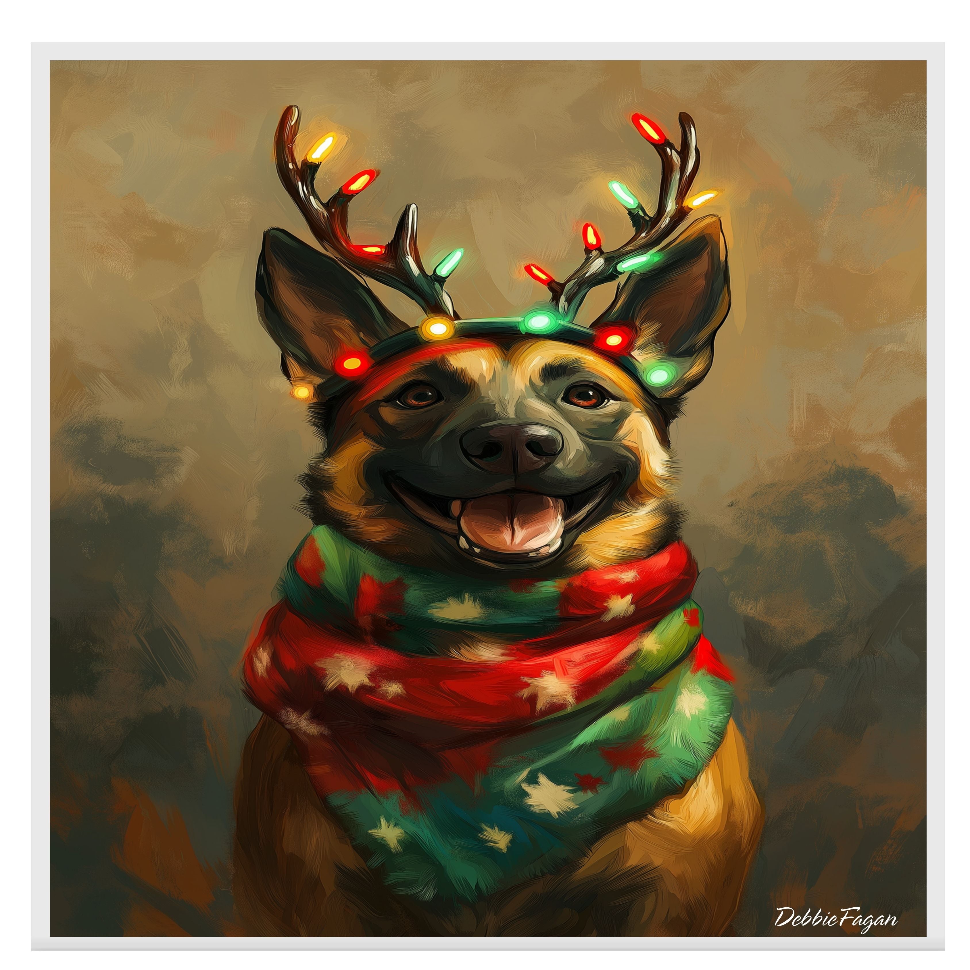 Rustic Antlers' - Belgian Malinois Dog with Lighted Antlers & Festive Scarf on Rustic Canvas, Ready to Hang 1.5" Thick Canvas Wrap, Floating Framed Canvas, Flat Rolled Canvas