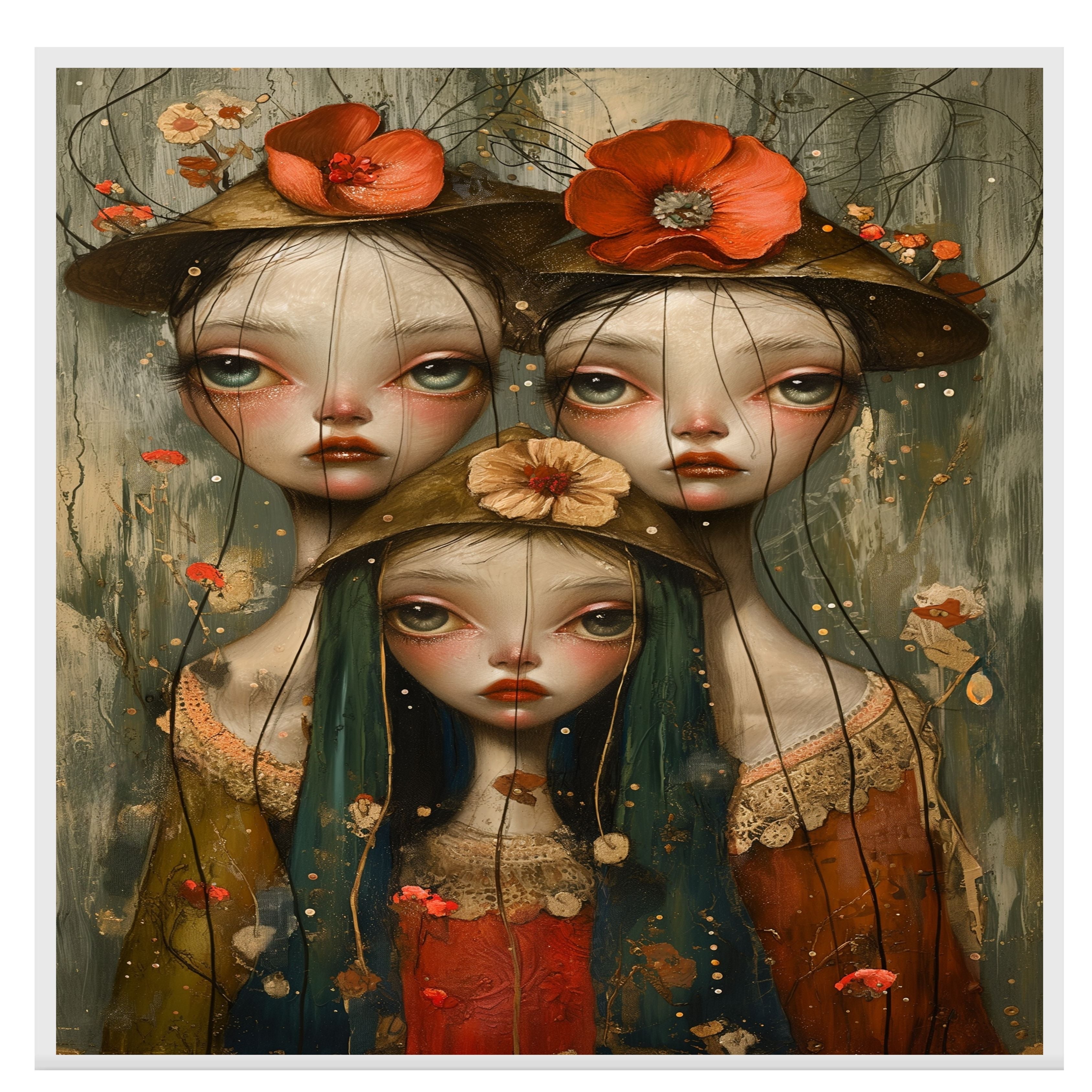 Dreamy Trio of Girls with Floral Hats Hand Painted Art Emotional and Delicate Perfect for Home Wall Decor Living Room Bedroom Office or Unique Gift Idea on Ready to Hang 1.5" Thick Canvas Wrap, Floating Framed Canvas, Flat Rolled Canvas