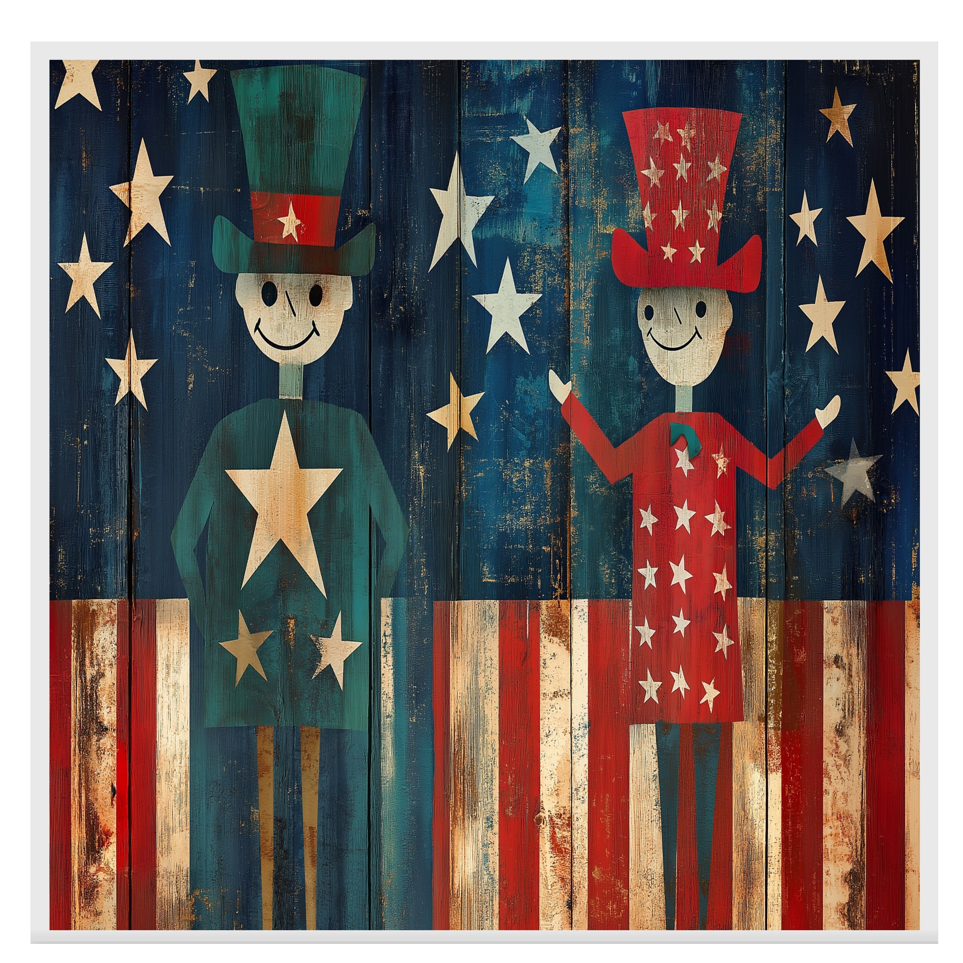 Rustic Folk Art of Patriotic Figures with Stars and Stripes on Weathered Wood Background, Whimsical Americana for Celebrating 4th of July in Vintage Style on Ready to Hang 1.5" Thick Canvas Wrap, Floating Framed Canvas, Flat Rolled Canvas