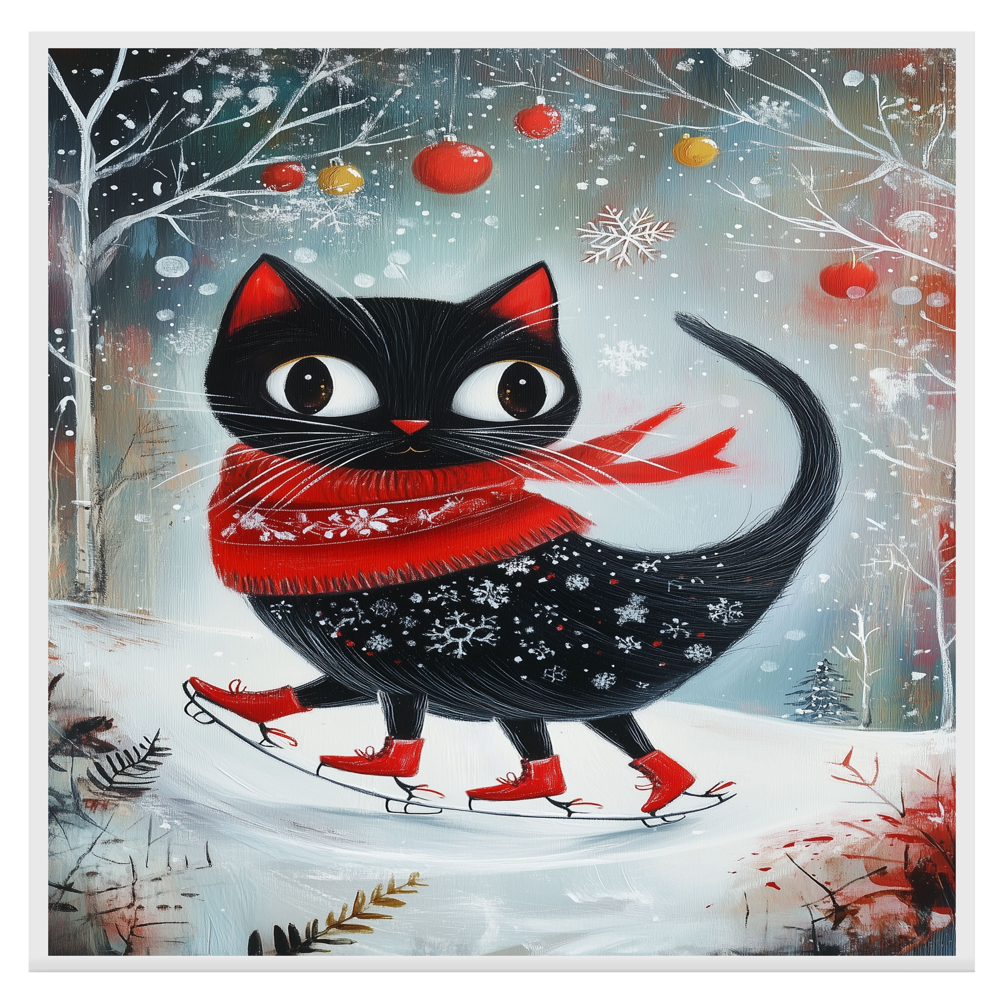 Christmas Wall Art Featuring Big-Eyed Black Cat Ice Skating in Snowy Forest with Red Scarf and Boots Whimsical Holiday Illustration for Winter Decor and Cat Lovers on Ready to Hang 1.5" Thick Canvas Wrap, Floating Framed Canvas, Flat Rolled Canvas