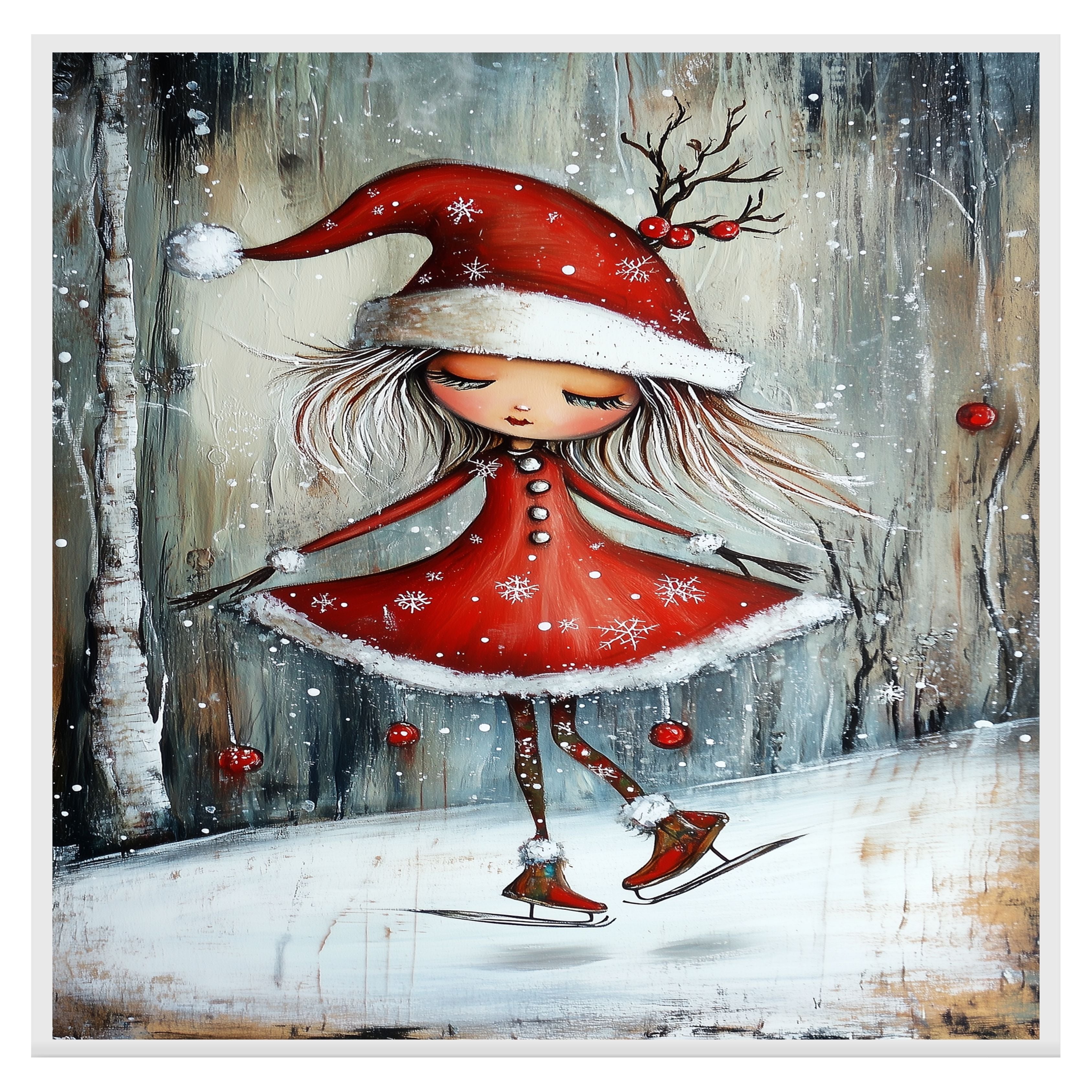 Christmas Witch Ice Skating Print – Whimsical Red Dress & Antler Hat Holiday Art, Winter Fairy Girl Wall Decor, Enchanted Snow Scene for Kids Room or Nursery on Ready to Hang 1.5" Thick Canvas Wrap, Floating Framed Canvas, Flat Rolled Canvas