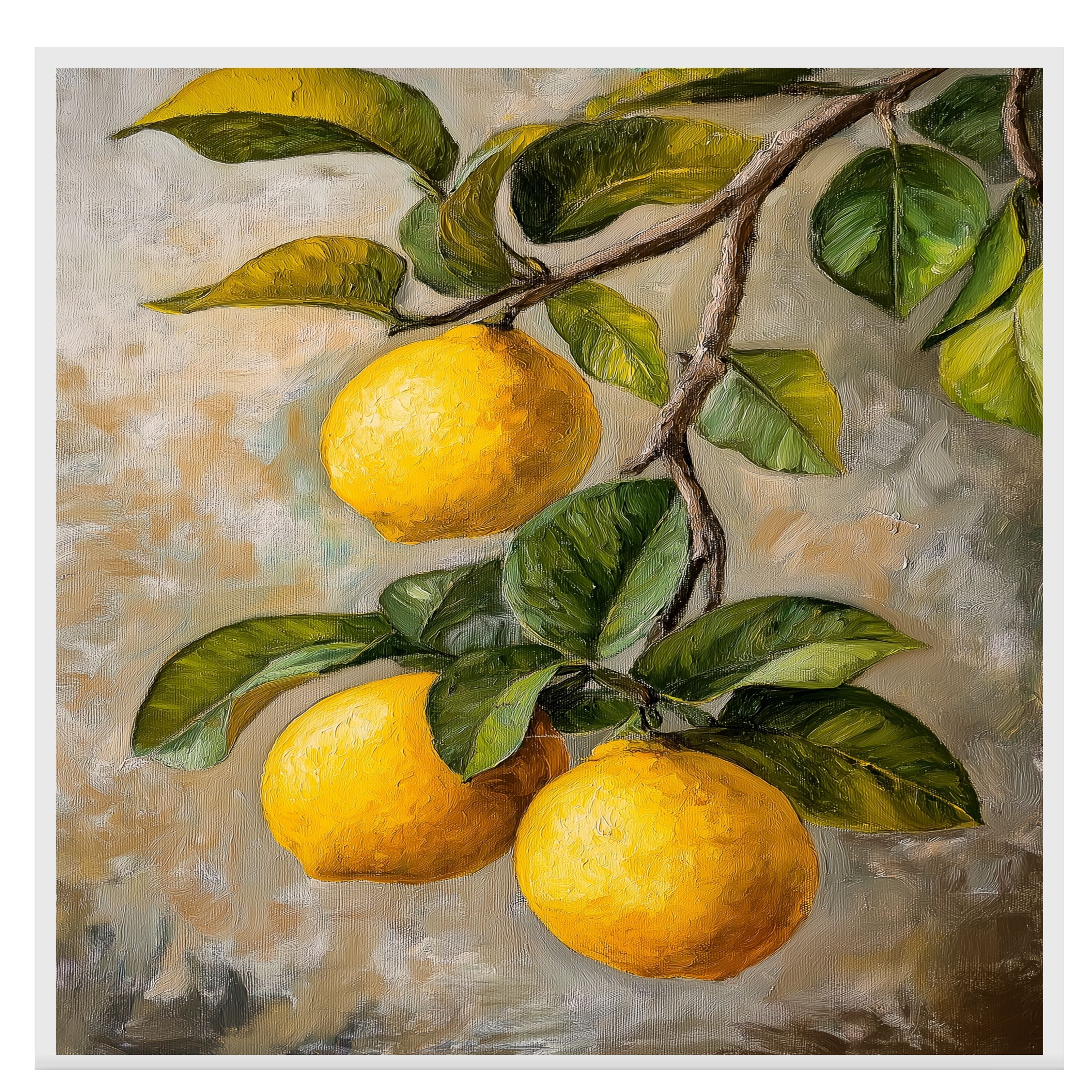 Close-Up Lemons on Branch with Leaves Vintage Botanical Style Illustration for Kitchen or Dining Room Rustic Farmhouse Citrus Fruit Art Print