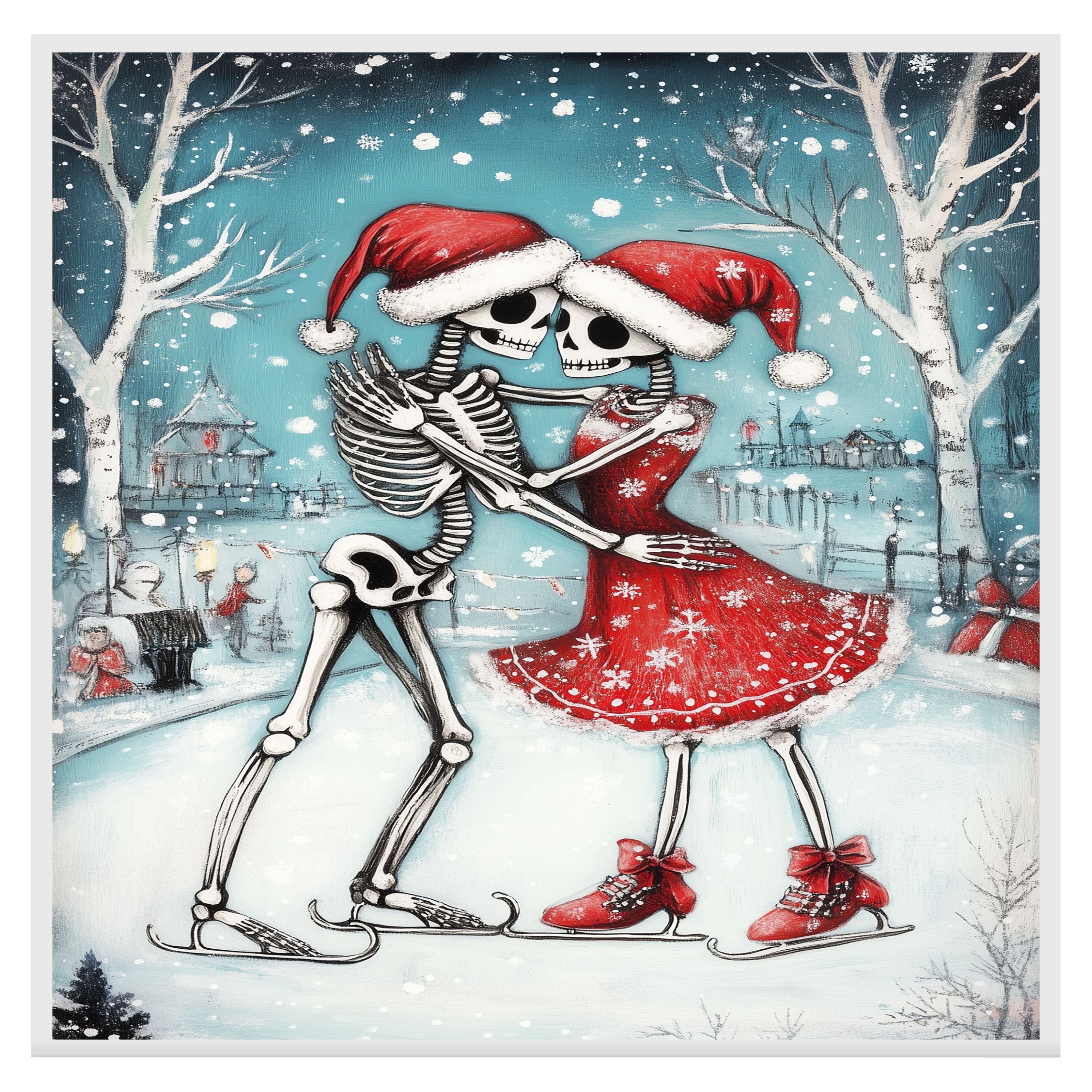 Whimsical Skeleton Couple Ice Skating Christmas Art – Gothic Holiday Romance Wall Print, Festive Skeleton Love in Red Santa Hats, Spooky Cute Winter Decor on Ready to Hang 1.5" Thick Canvas Wrap, Floating Framed Canvas, Flat Rolled Canvas