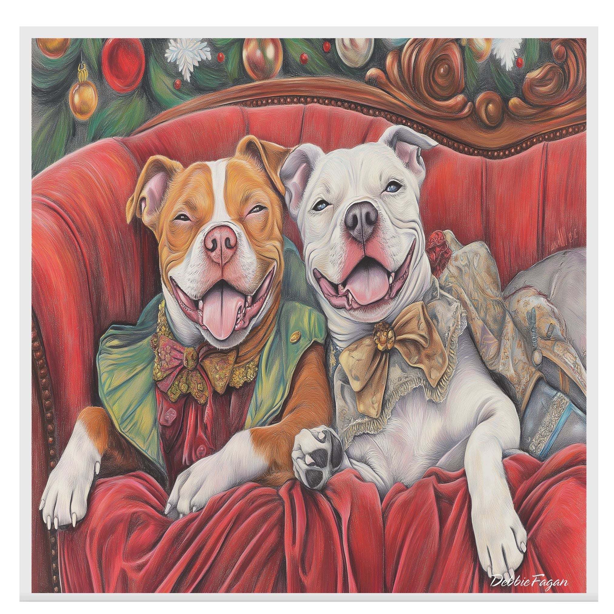 American Pit Bull Christmas Canvas - "Victorian Charm" - Happy Pit Bull Pups in Elegant Attire on Ready to Hang 1.5" Thick Canvas Wrap, Floating Framed Canvas, Flat Rolled Canvas