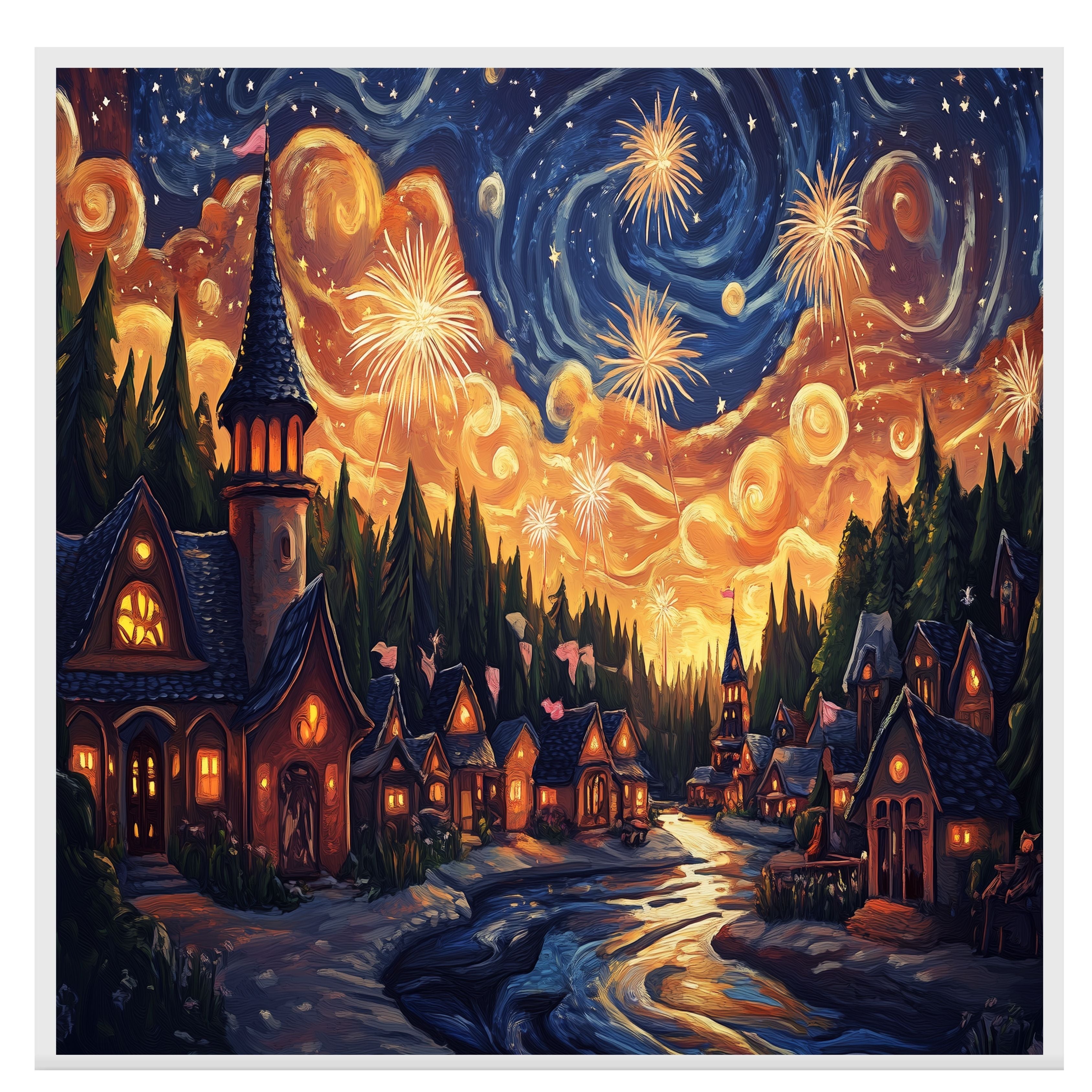Enchanting 4th of July Village with Fireworks and Swirling Starry Sky, Glowing Cottages and Flags in a Whimsical Nighttime Celebration of Light and Freedom on Ready to Hang 1.5" Thick Canvas Wrap, Floating Framed Canvas, Flat Rolled Canvas