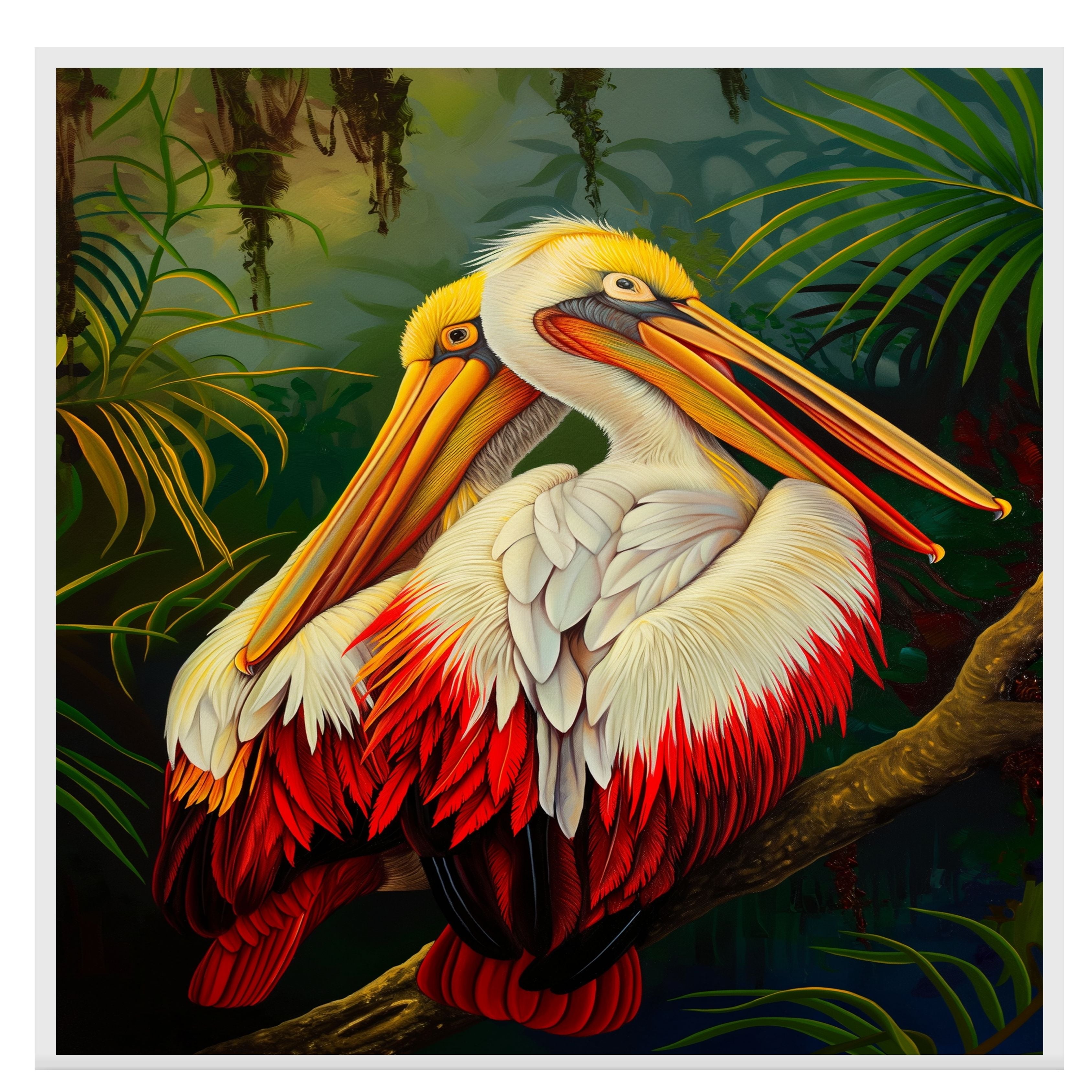 Pair of White and Red Pelicans with Golden Beaks Resting on a Jungle Branch Surrounded by Lush Tropical Foliage in a Vibrant Rainforest Setting on Ready to Hang 1.5" Thick Canvas Wrap, Floating Framed Canvas, Flat Rolled Canvas